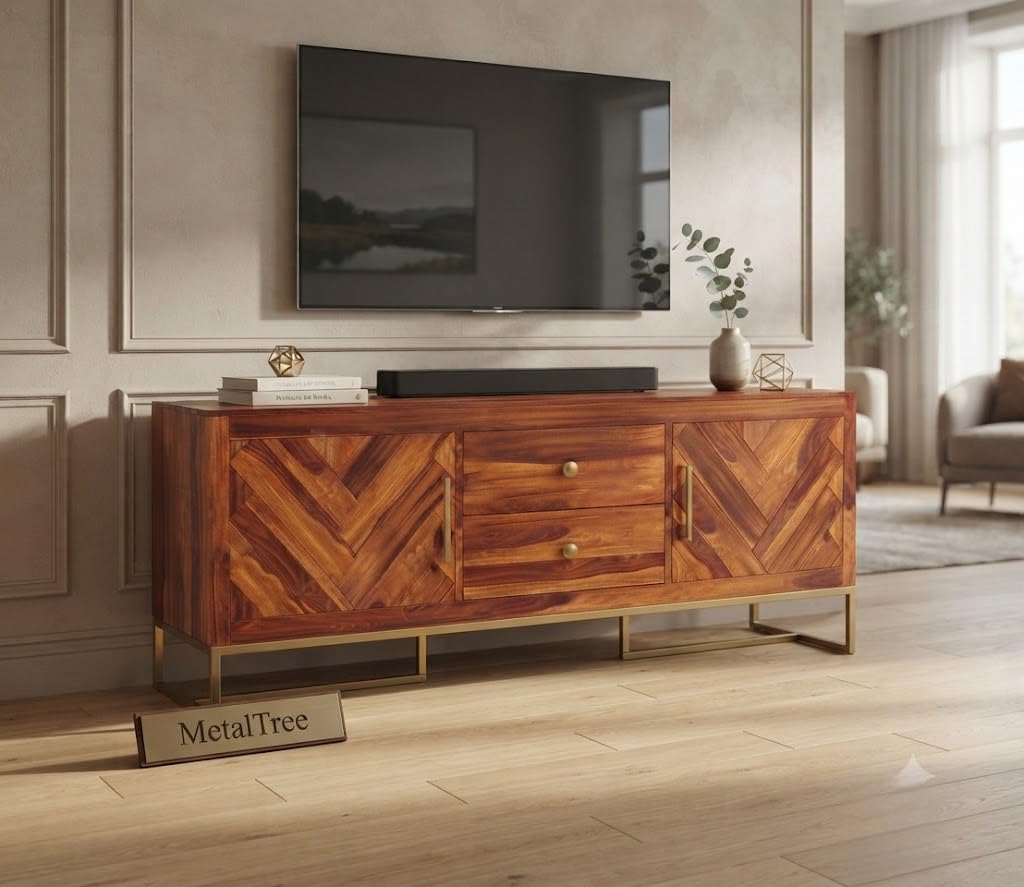 sheesham wood wooden tv cabinet for living room 65+ inch - tv table for living room entertainment unit - solid wood tv unit for livingroom 65 inch with 2 drawers & 2 door (design 14)