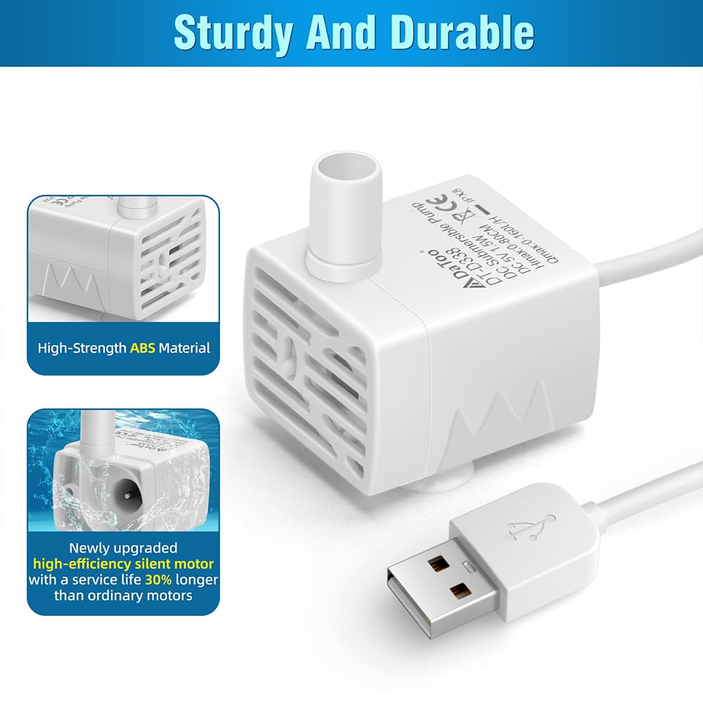 DaToo Bomba de fuente de agua para gatos, ultrasilenciosa, USB, 5 V, sumergible, para mascotas, bomba de repuesto IPX8, impermeable, dispensador de agua para gatos