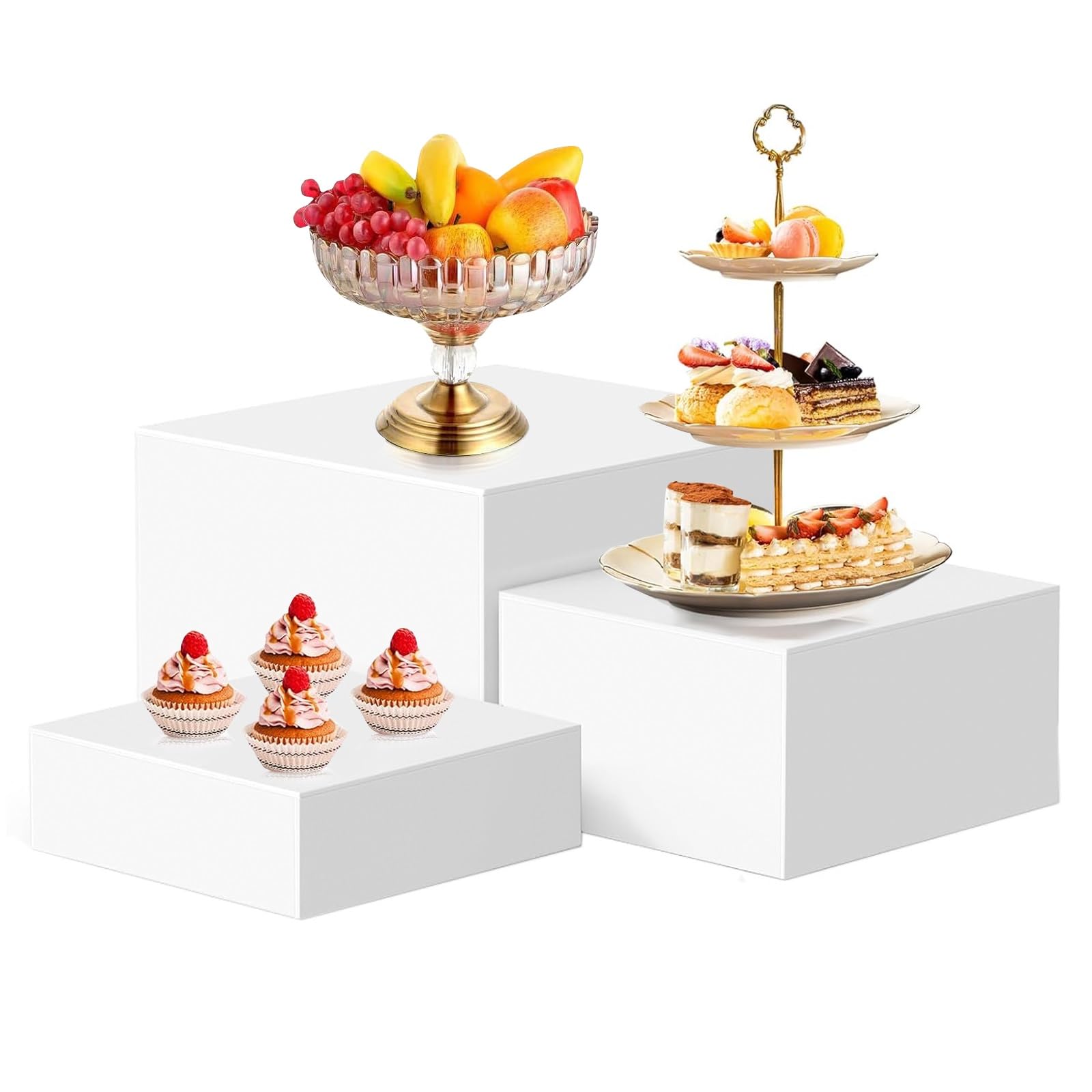 KLerDH Dessert Stand, 6PC White Acrylic Buffet Risers - Food Display Stands with Hollow Bottoms for Party, Dessert(3PC)