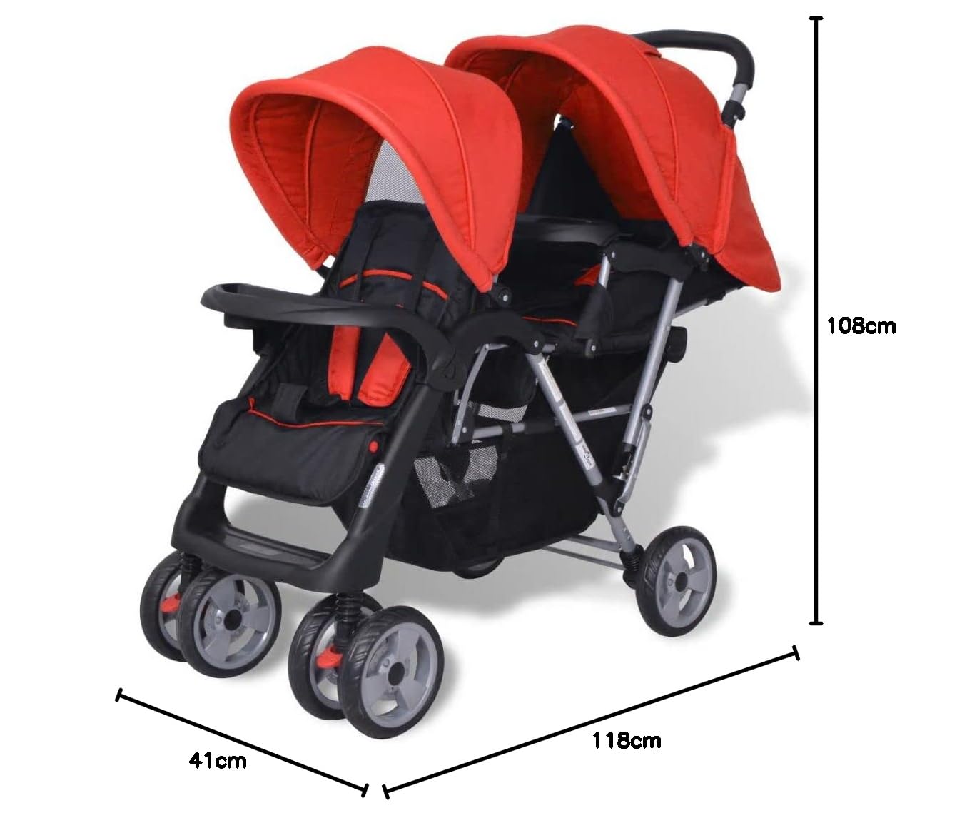 Plegable Silla gemelar para Gemelos y Hermanos Carrito Gemelar Silla de Paseo Cochecito de Bebé Capacidad de Peso 15kg Cada Acero y Tela Oxford Rojo y Negro 118x41x108cm