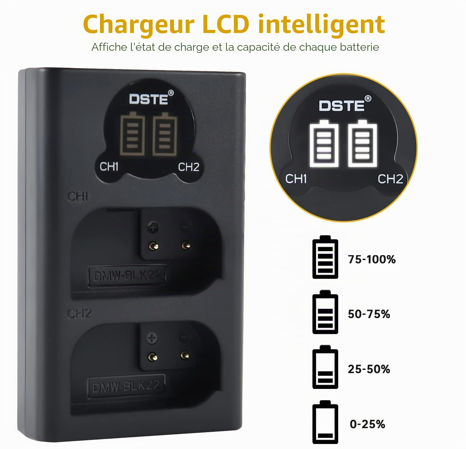 DSTE Lot de 2 batteries de rechange DMW-BLK22 + double chargeur USB avec écran LCD compatible avec Panasonic DC-S5 DC-S5KK Lumix DC S5 S5K G9 GH5 GH5 II GH5 II GH5S Lumix DC-G9 II Camera, Sigma BP-61