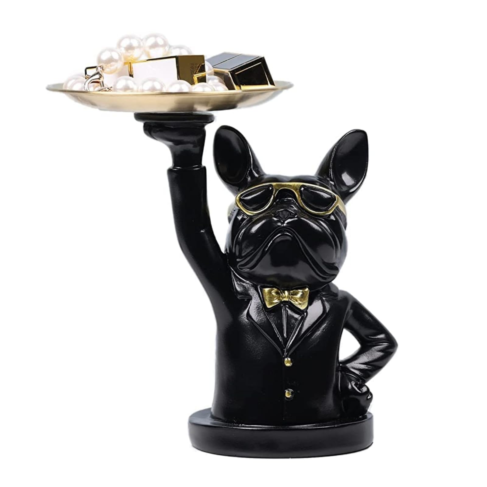 Suruim Resin Bulldog Tray Statue - Storage Key Holder, Candy Jewelry Earrings Tray, Piggy Bank Suitable for Home Decor - Modern Animal Sculpture Table Decor (Black -1)