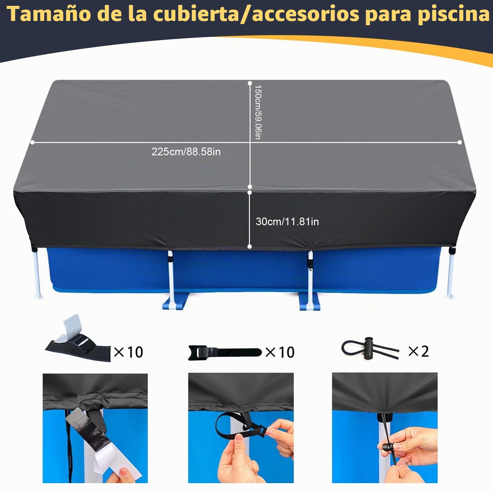 Cubierta de Piscina Rectangular con Fijar lengüetas de tracción e Cordones, Funda Piscina con Tapa Profunda, Resistente al Viento y a la Lluvia, a Prueba de Polvo para jardín al Aire Libre