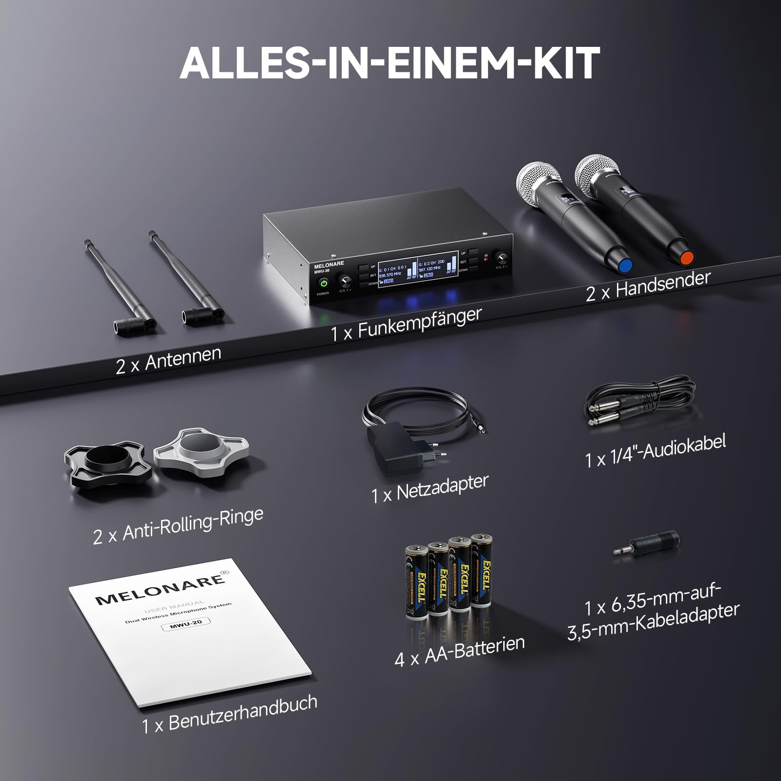 MELONARE Dual UHF Auto-Scan Funkmikrofonsystem MWU-20-2H | 2 Handmikrofone, 2 x 100 Frequenzen, 80 m Reichweite, Gesang, Karaoke, Kirche, DJ