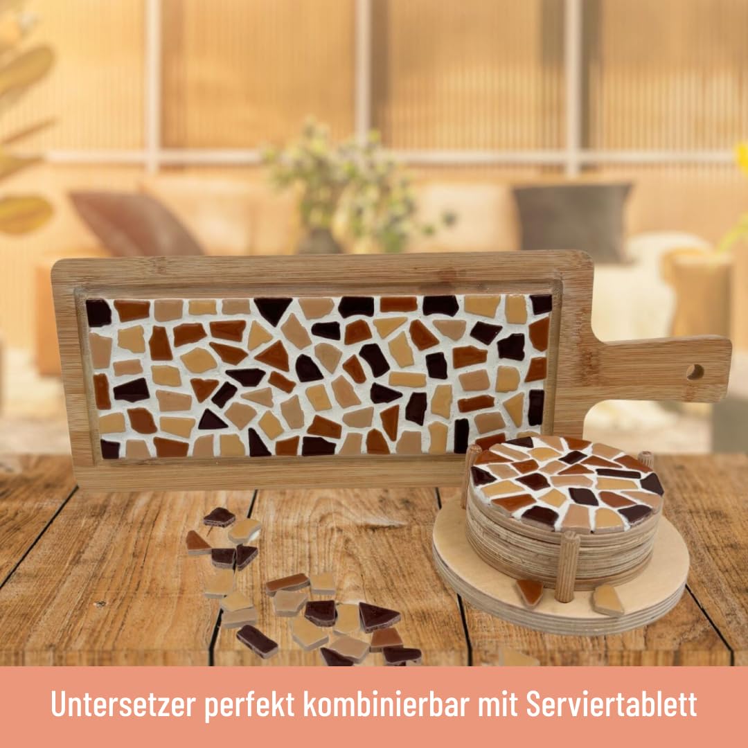 Little Creations - DIY Mosaik Bastelset Erwachsene Beige | 1x Servierplatte & 4x Untersetzter | Komplettes Set aus Mosaiksteinen und Holz | Selbst gestalten und basteln