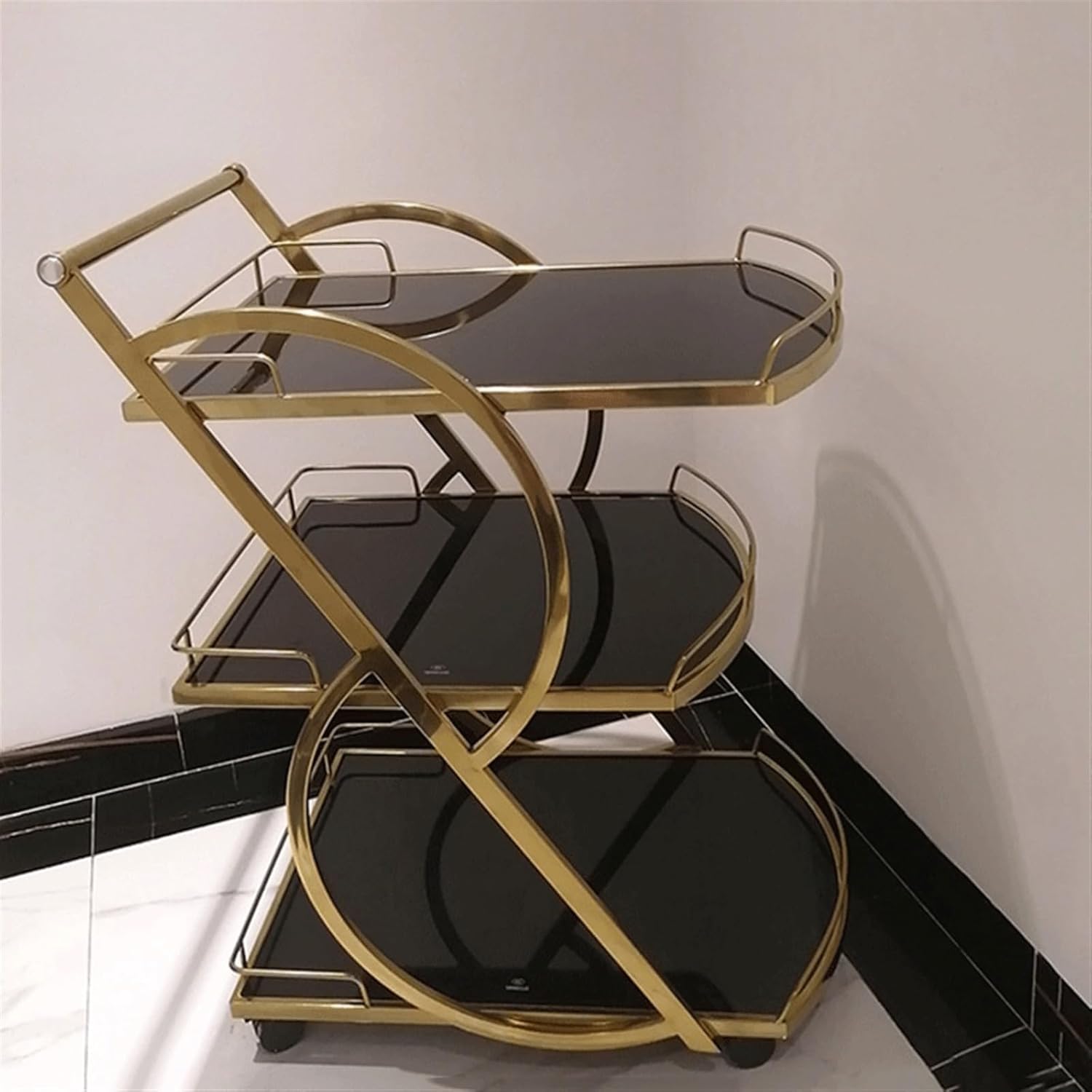 Storage Trolley Bar Cart 3 Tiers Removable Storage Tray Rolling Beverage, Mobile Serving with Handle, Marble Glass and Metal Frame Home Kitchen Shelf for Party Shelving Organizer(Silver)