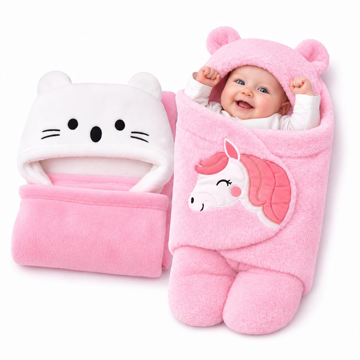 First Kick Baby Blanket Newborn Gift Pack Swaddle Wrapper with Bear Hood, Ultra-Soft Premium Flannel Fabric, 0-9 Months, 68 cm x 68 cm-image-49