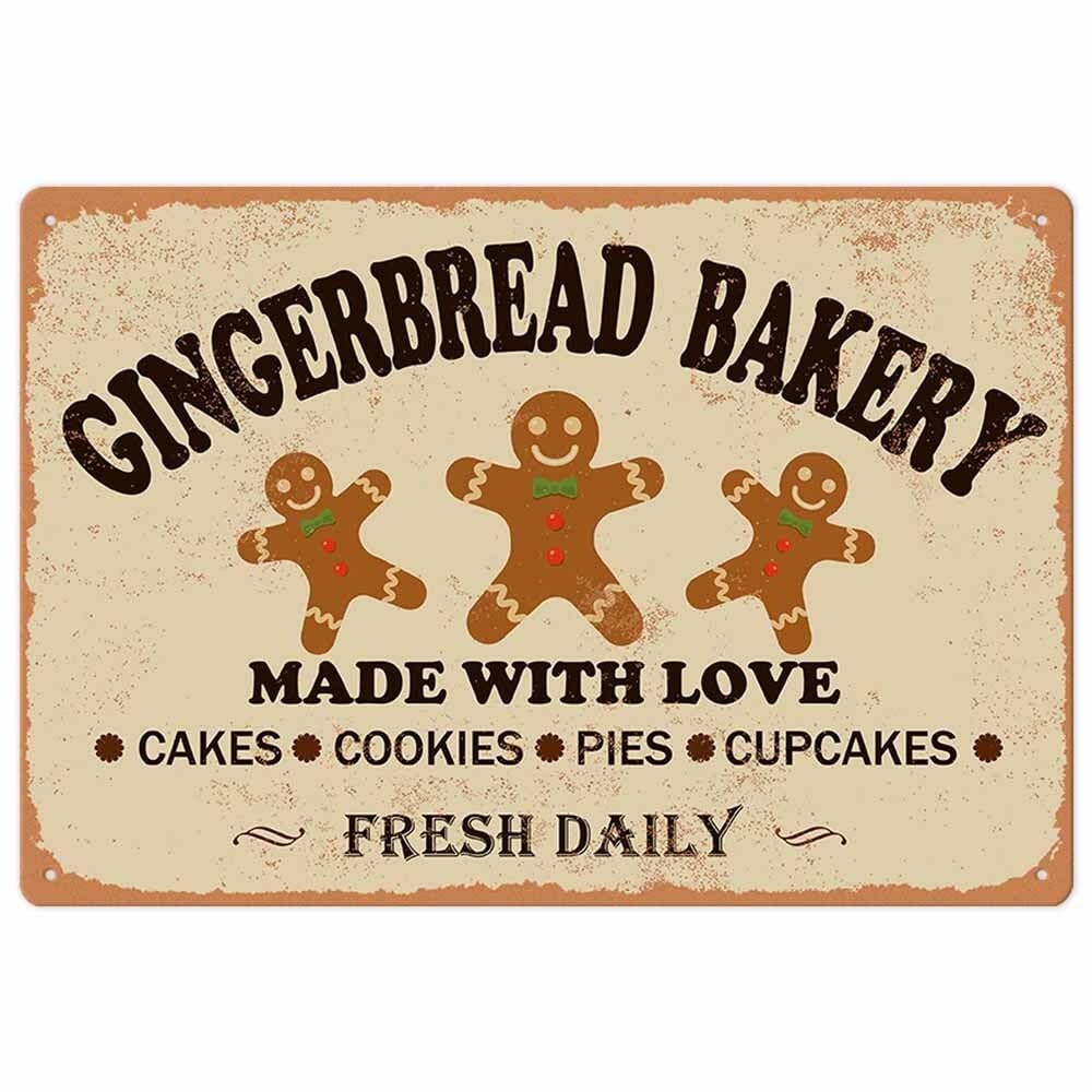 Gingerbread Bakery Made With Love Cakes Cookies Pies Cupcakes Iron Poster Painting Tin Sign Vintage Wall Decor For Home Kitchen Cafe Bar Pub Christmas Decoration Crafts 8X12 Inch