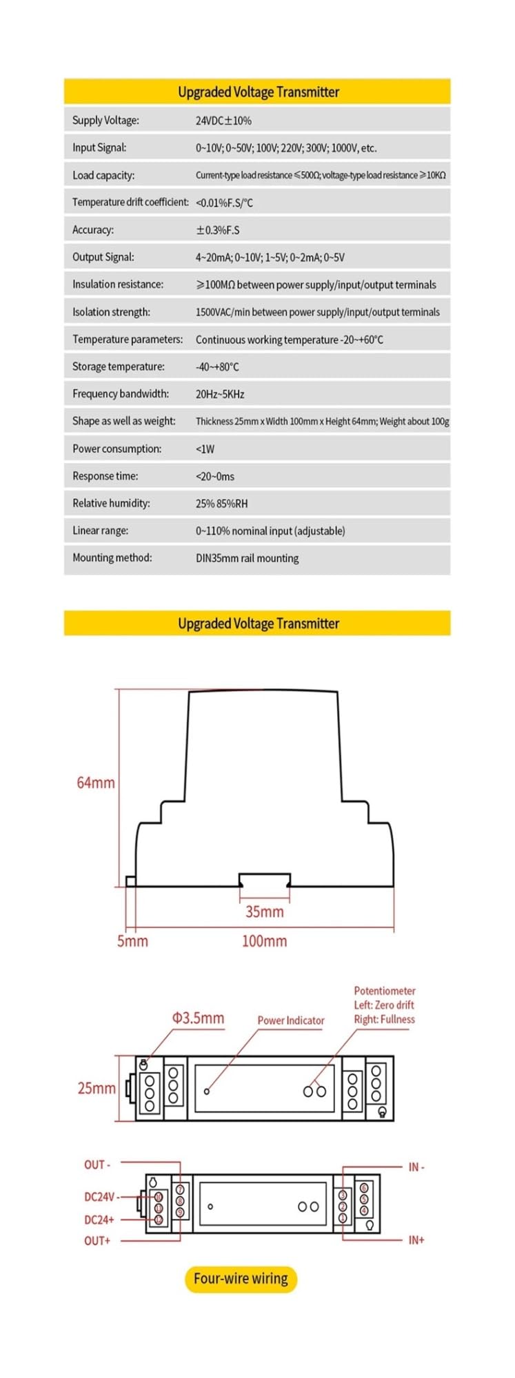 DC/AC-Spannungstransmitter 5V/10V/50V/100V/200V/300V/500V/1000V Spannungssensor 4-20mA 0-10V RS485 Relais-Wandler(DC24V Power SUPPLY-0-10V Output)