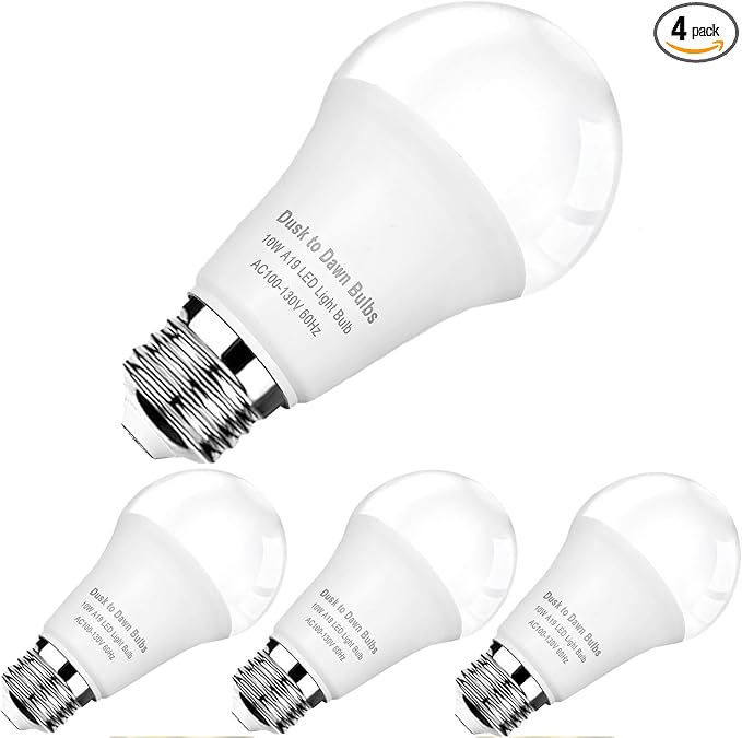 4-Pack Dusk to Dawn LED Light Bulbs, 75W Equivalent, Daylight 5000K 1,100LM, Automatic On/Off Outdoor Light, E26 A19 10W Bright Porch Light Bulbs, for Indoor/Outdoor Yard Patio Garage Garden