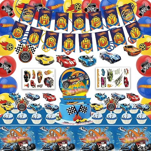 57pcs Hot Race Car Birthday Party Supplies,Decorations Banner,Hanging Swirls,Cake Topper,Cupcake Toppers,Latex Balloons,Bcakdrop,for Kids Birthday Party Decoration