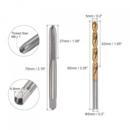 Miniatura 2 de uxcell M6 x 1 grifo recto de rosca de flauta y juego de brocas helicoidales de 0.197 in, acero de alta velocidad plateado de titanio métrico 6542