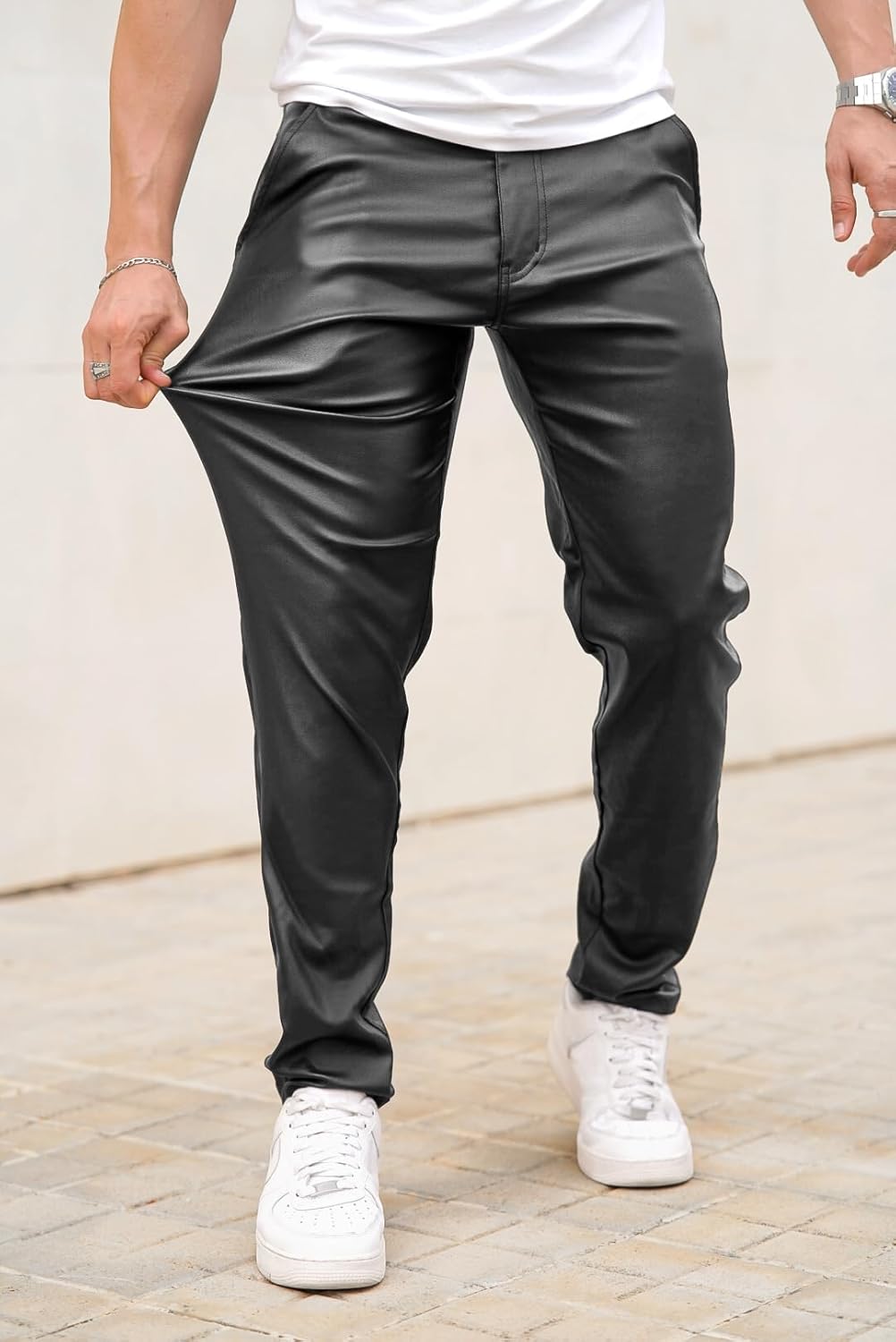 GINGTTO Mens Leather Pants Slim Fit Disco Pants for Men Stretch - Image 4