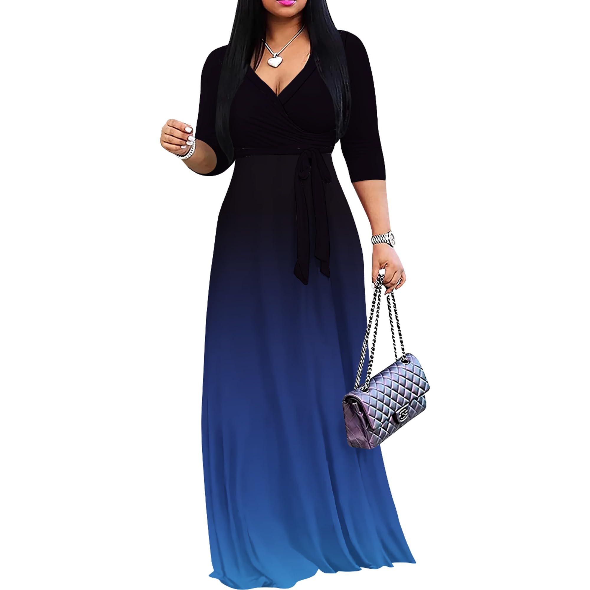 PinkPatty Women's Plus Size Maxi Dresses Casual Flowy 3/4 Sleeves Dress Printed Vacation Dress for Daily Wear with Belt