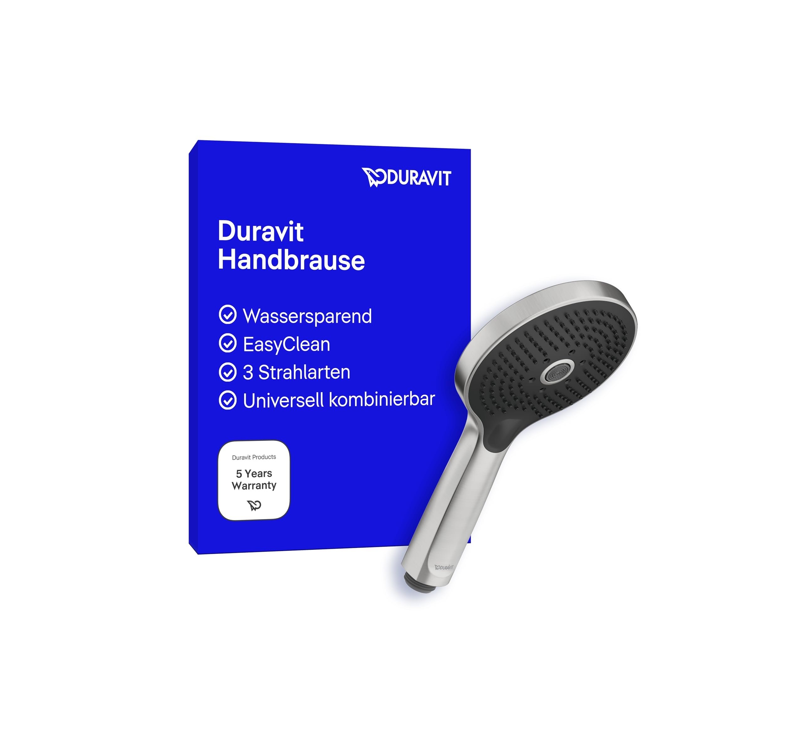 Duravit Universal Duschkopf, Handbrause mit 3 Strahlarten (Rain, Intense Rain, Soft Rain), Handbrause rund (Ø 120mm), Brausekopf reinigungsfreundlich, Edelstahl Gebürstet