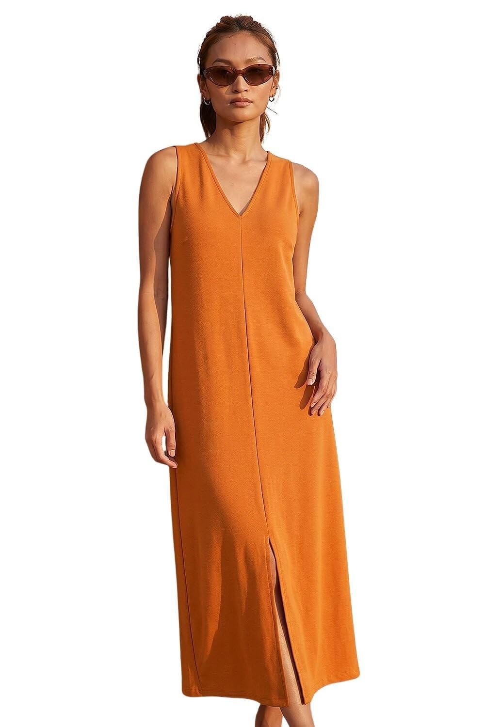 Roman Originals Women's Rust Soft Pique Stretch Midi Dress For Uk - Everyday Holiday Spring Summer V-Neckline Comfy Soft Evening Vacation Work Party - Size 12