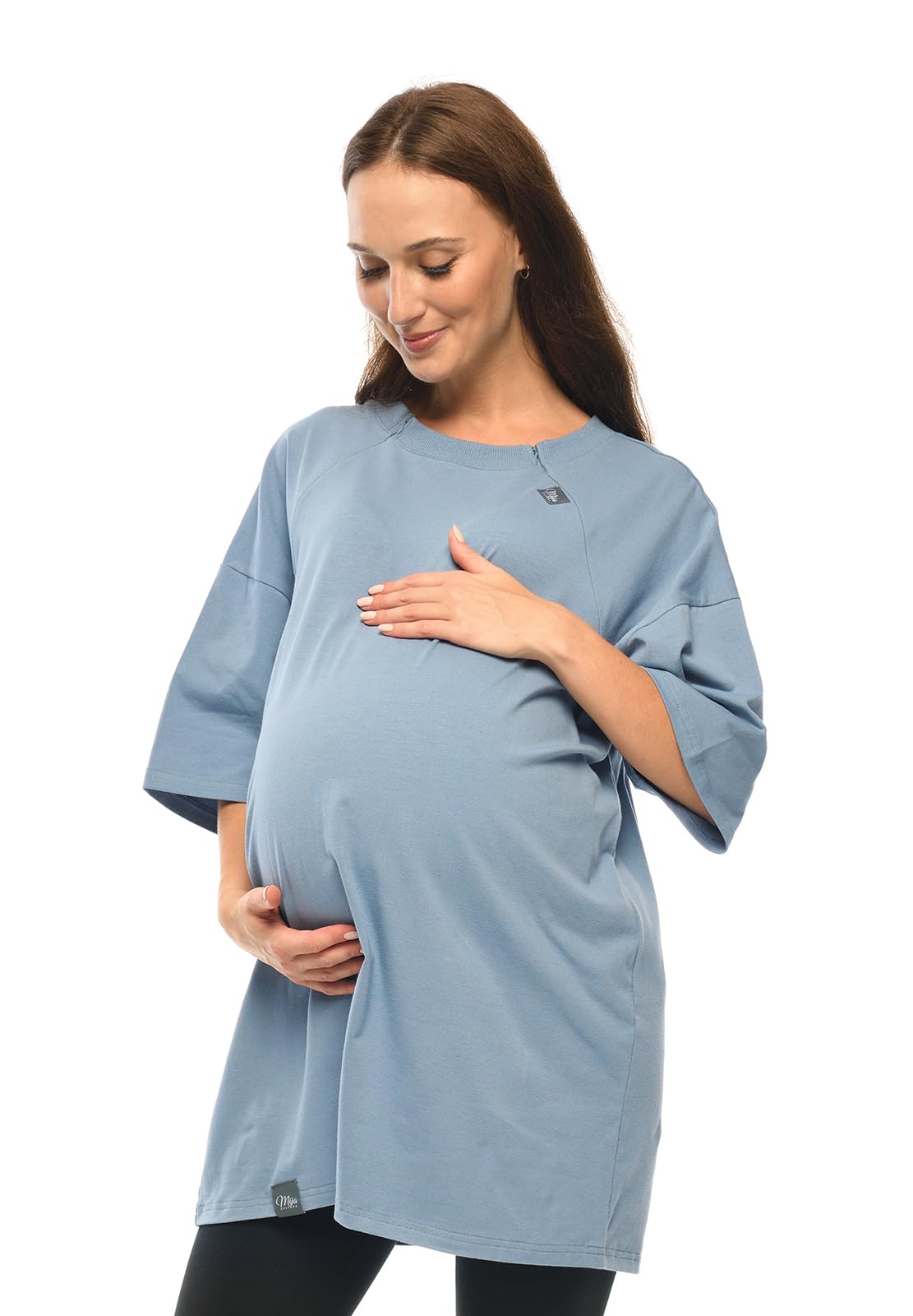 MijaCulture T-shirt 2 en 1 / Homewear / Chemise de nuit d'allaitement et de grossesse M024 Ambre (bleu, L/XL)