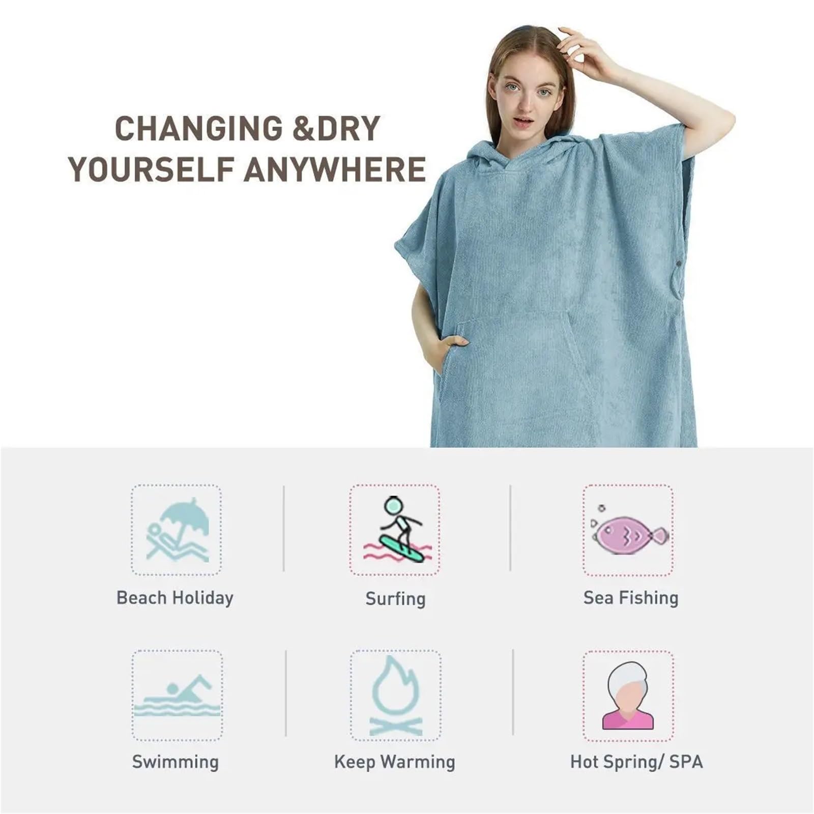 Poncho da spiaggia con asciugamano, ad asciugatura rapida, cappuccio, accappatoio, bagno, poncho for adulti per Spiaggia e Sport Acquatici(Black)