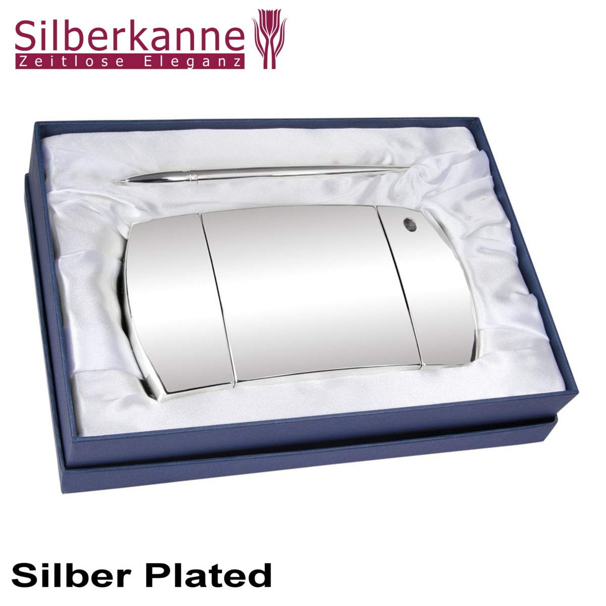 SILBERKANNE Schreib Garnitur Ablage mit Kugelschreiber 17x10 cm Premium Silber Plated edel versilbert. Fertig zum verschenken mit schicker Geschenkverpackung