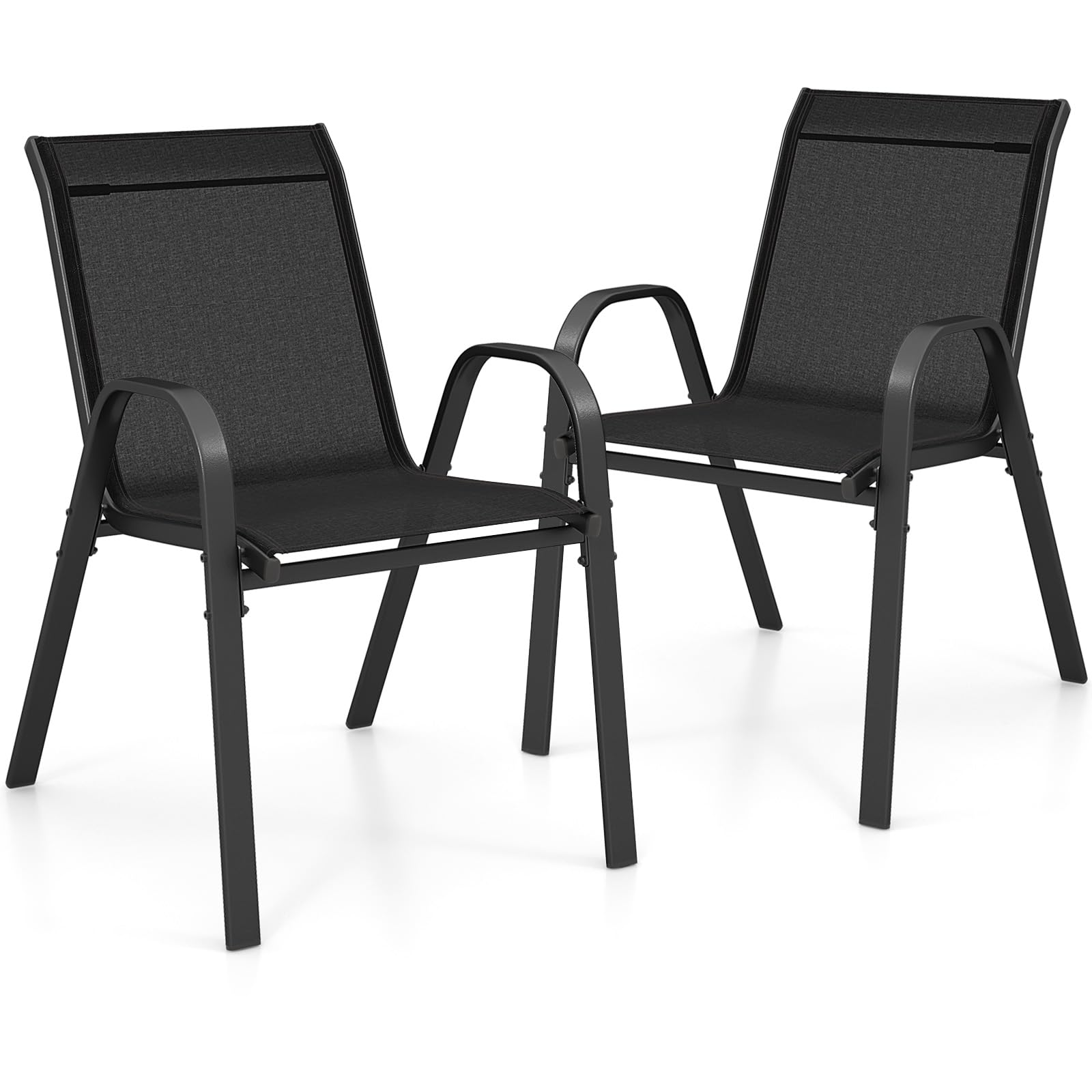 GIANTEX Juego de 2 Sillas de Patio, Sillas de Comedor Apilables con Estructura de Metal Resistente y Tela Transpirable, Respaldo y Reposabrazos Ergonómicas, para Terraza, Piscina, Jardín (Negro)