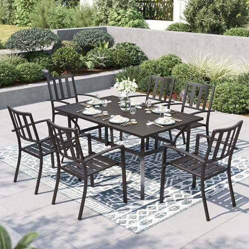 PHI VILLA 7 Piece Outdoor Dining Set for 6, 60” Rectangular Metal Steel Dining Table with Umbrella Hole & Stackable Dining Chairs for Patio, Deck, Yard, Garden