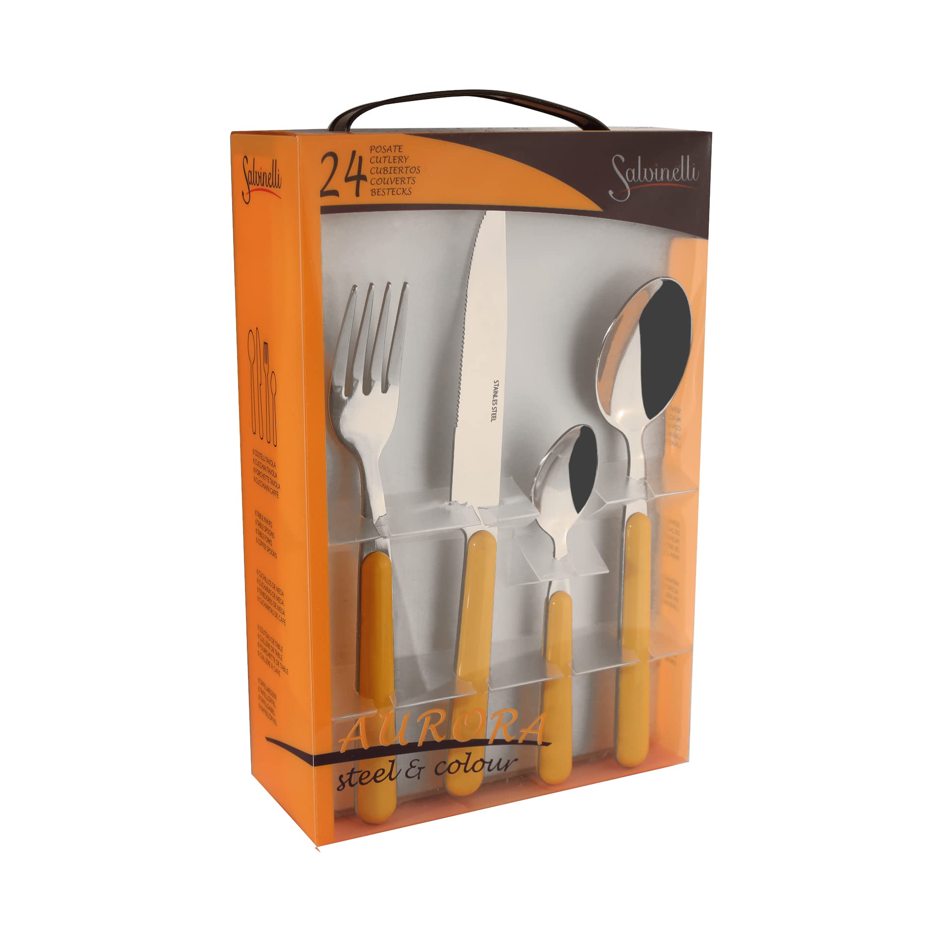 Salvinelli Aurora Set Posate Miste 24 Pezzi, Posate da Tavola, Acciaio Inox 18-C Nickel Free, 6 Forchette, 6 Coltelli, 6 Cucchiai, 6 Cucchiaini, Arancio