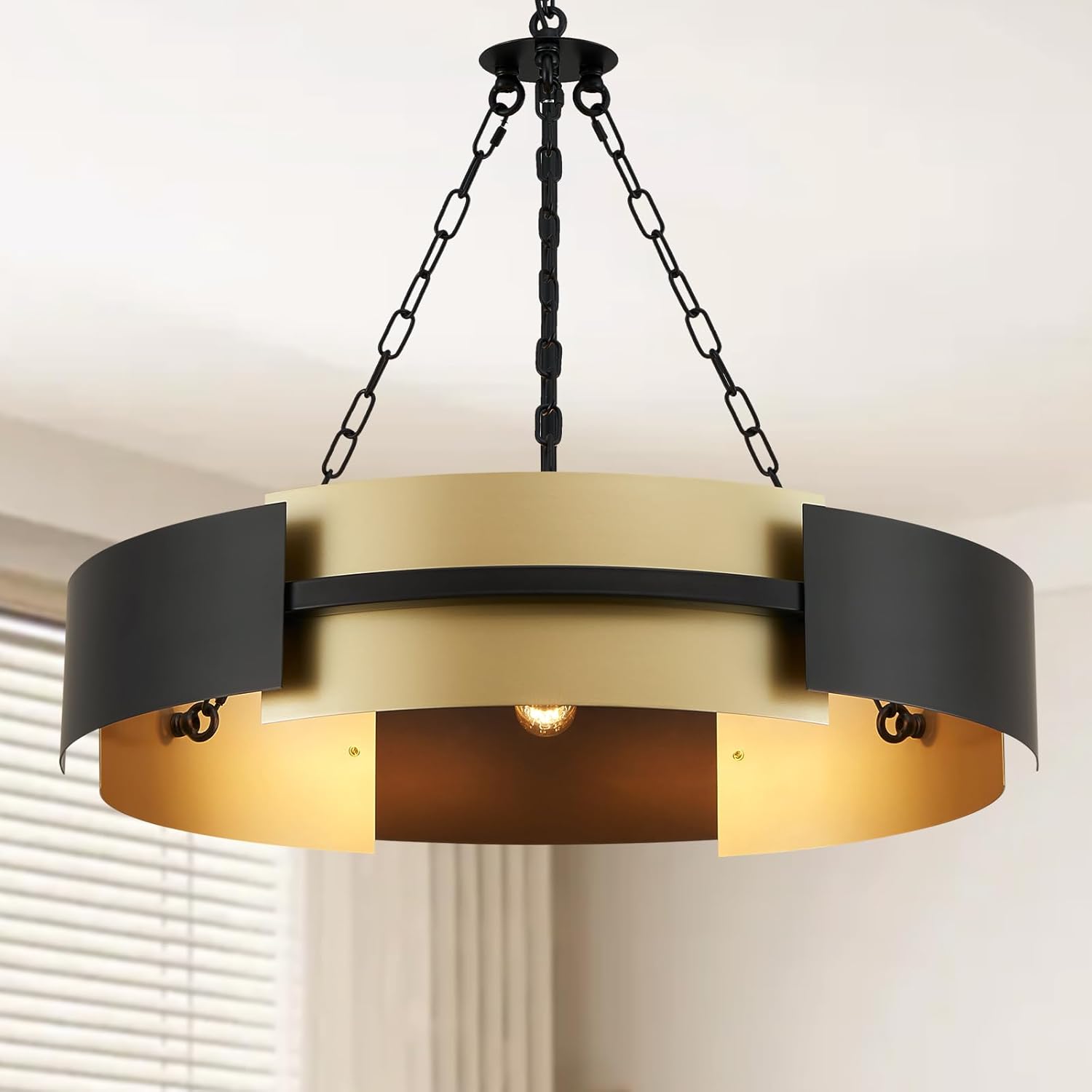 Modern Chandelier 26" Industrial Light Fixture Black and Gold 5-Light Large Drum Pendant Lighting for Dining Room Kitchen Island Office Living Room