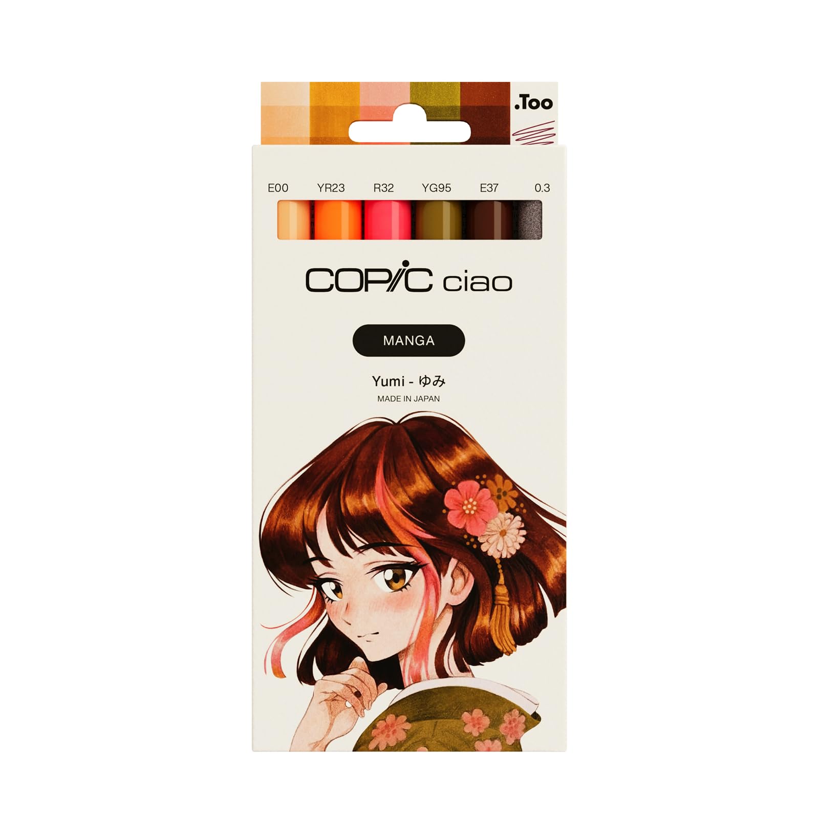 Copic Ciao MANGA - Set di pennarelli Yumi, con 5 tonalità di rosso-marrone e verde discreto, con 1 mulino da 0,3 mm in rosso vinaccia, Twin Marker con una punta media e una spazzola