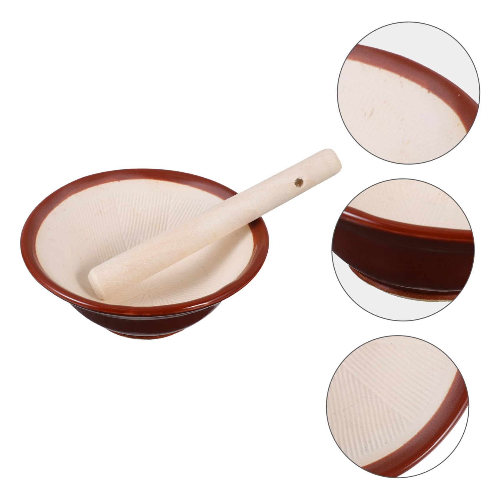 Bol à Broyer en Céramique Marron Bâton en Bois Cuisine