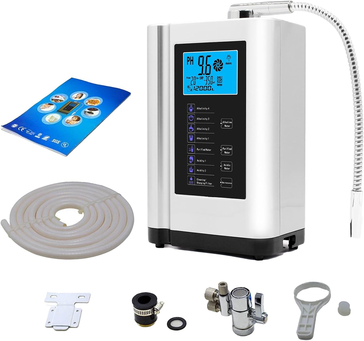 Alkaline Acidic Hydrogen Water Purifier Orp up to ±550mv Ph Value 3.5-10.5 7 Water Quality Settings 8000 Liters per Filter Hydrogen Content up to 1300ppb,White