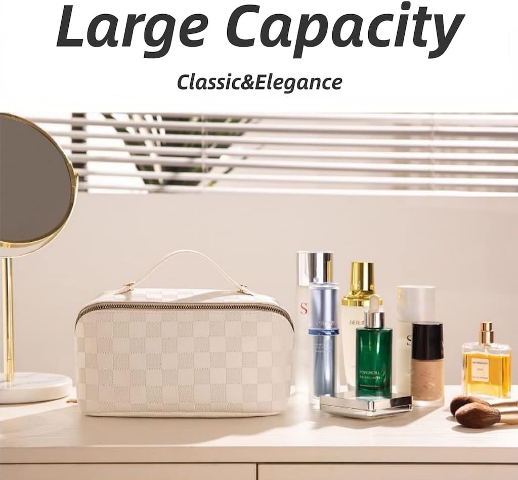 Large Capacity Brown Checkered Makeup Bags Portable Travel Cosmetic Bags Open-Flat Toiletry Bag for Women Girls Make Up Organizer with Divider Pouch Zipper Bag (white-checkered) - Image 6