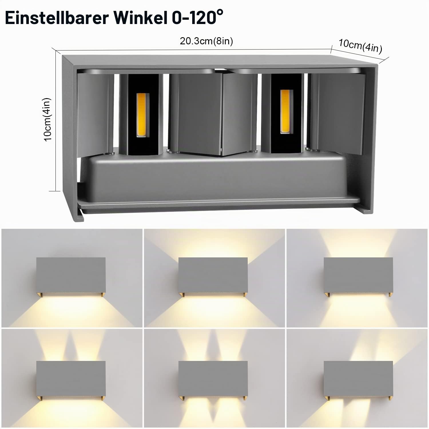 Kingwen LED Wandleuchte außen Grau 4er Set,20W 2000lm 3000K,IP65,Up Down | Aluminiumgehäuse;Abstrahlwinkel 0-120° einstellbar;für Fassade,Eingang,Terrasse,Flur,Treppe und Hauswand