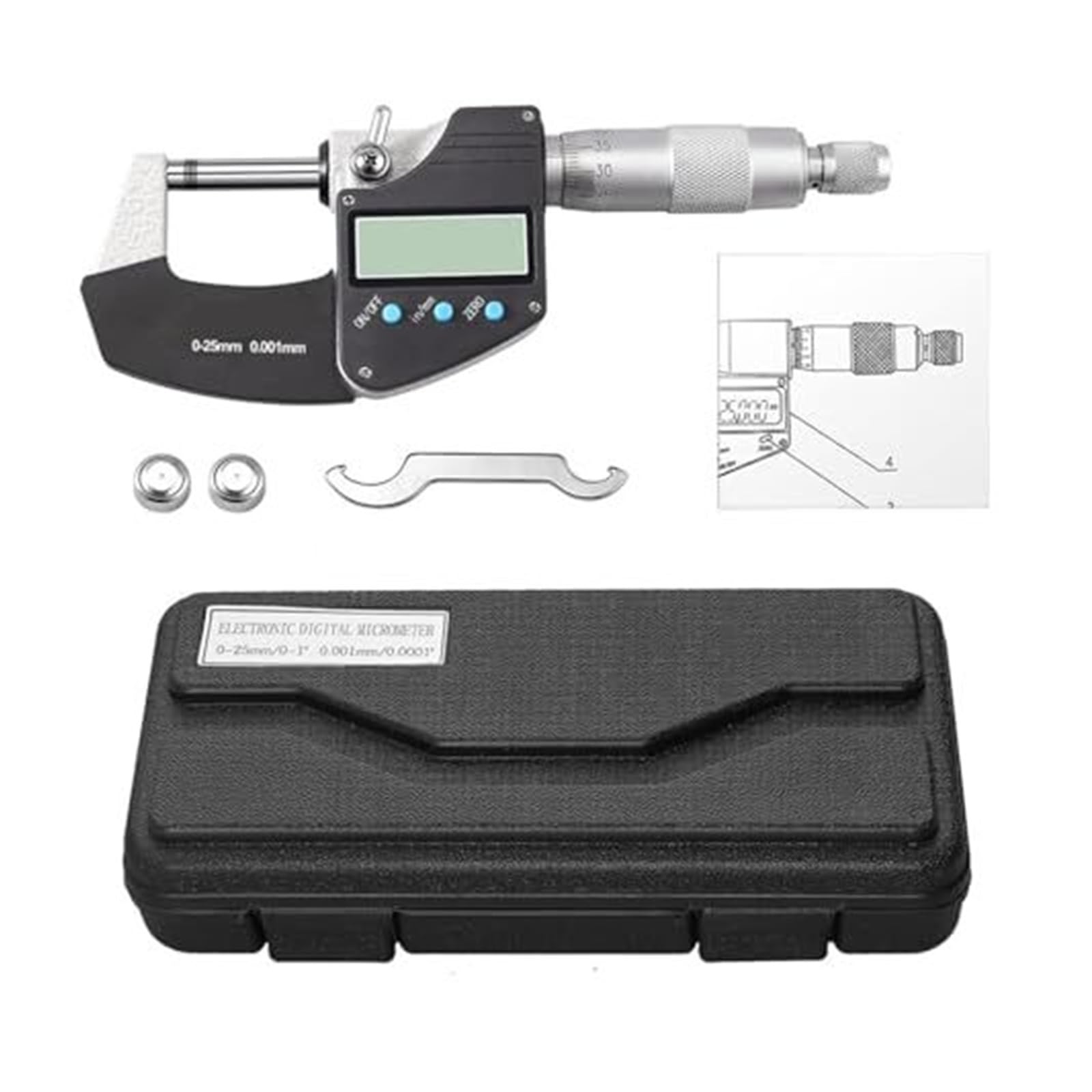 Mikrometr cyfrowy 0,25 mm z wyświetlaczem LCD, rozdzielczość,001, mikrometr zewnętrzny(0 25mm)