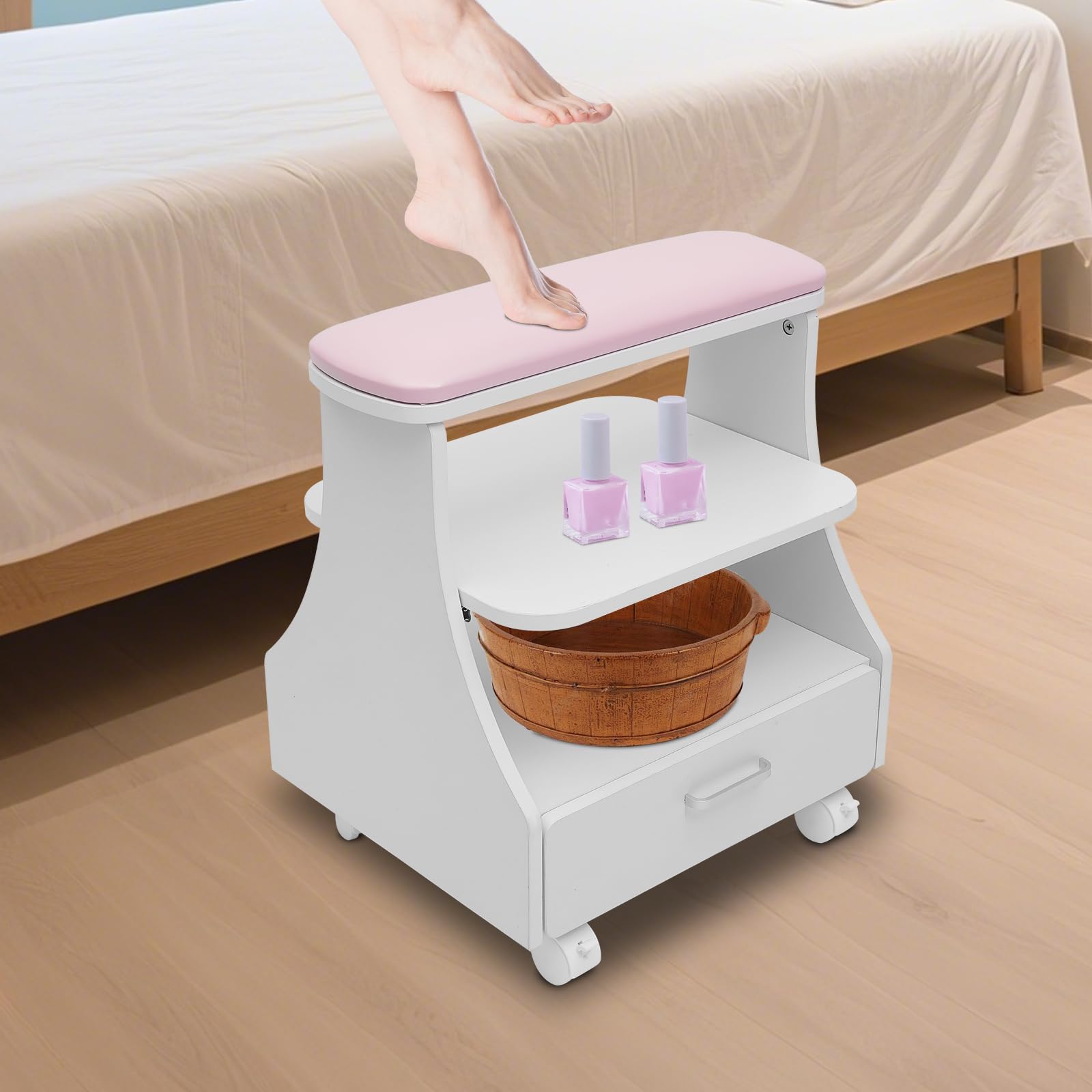 Wózek do manicure, pedicure, różowy, z płyty MDF, z 3-stopniową przestrzenią do przechowywania i kółkami, do salonu paznokci i pielęgnacji stóp