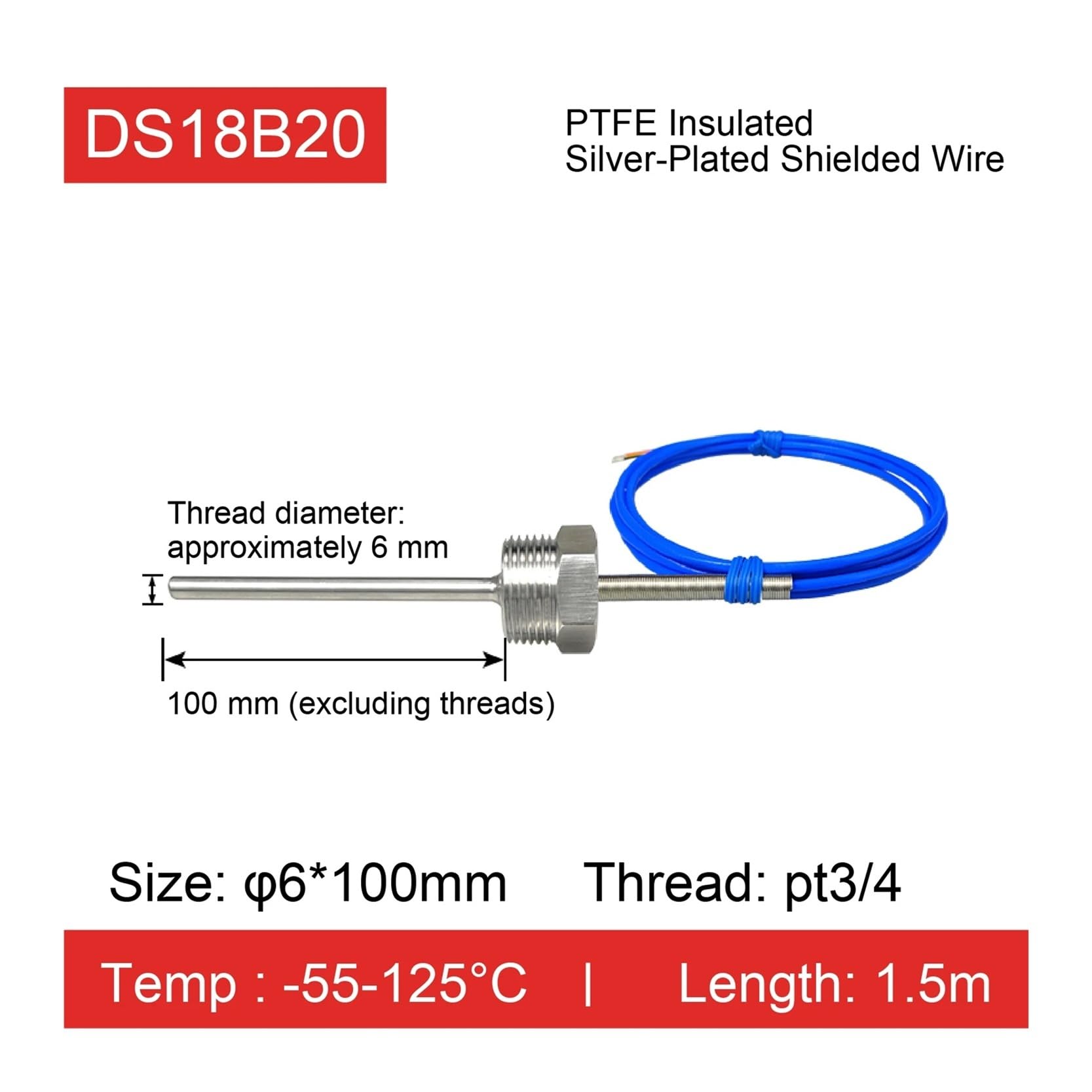 Termómetro digital con sonda roscada de acero inoxidable con sensor 18B20(L-pt3-4 6-100MM)