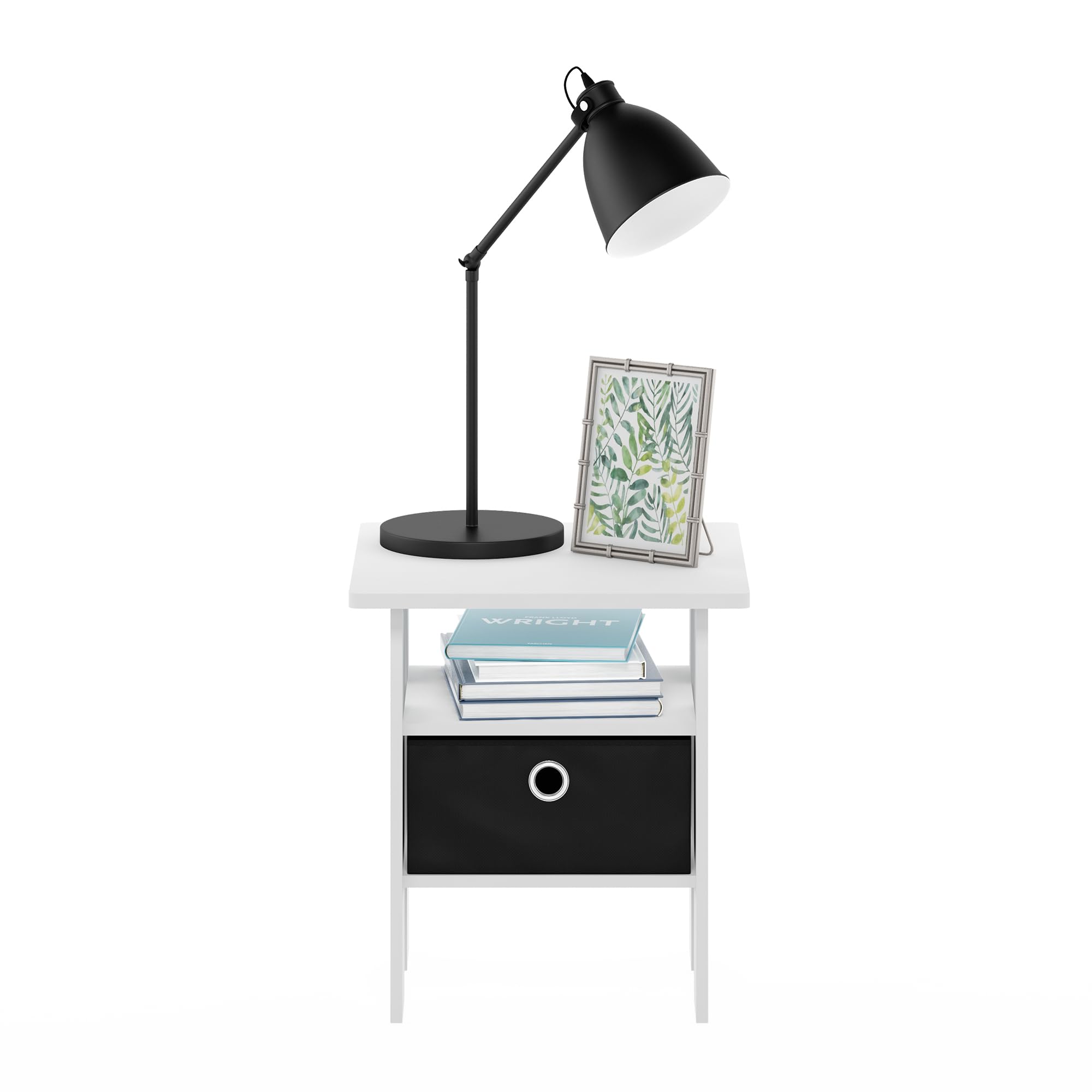 Furinno Andrey tavolino comodino con cassetto portaoggetti, Bianco/Nero | Mensole aperte e cestino, comodino, per soggiorno, camera da letto