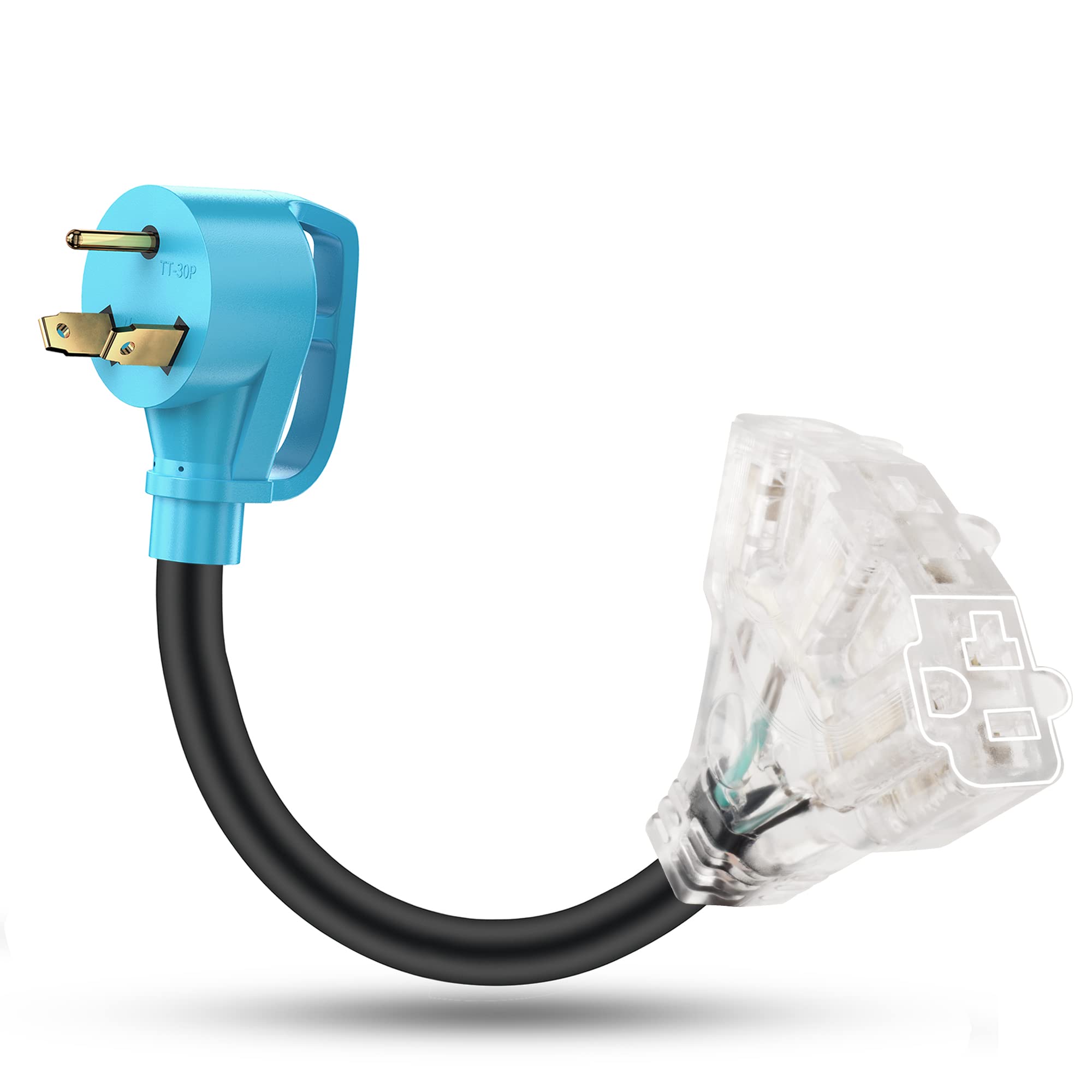 30 Amp to 110V Adapter Power Cord for RV,NEMA TT-30P to 5-15R/5-20R T-Blade Household Connectors,Generator Adapter Cord with LED Indicator,10 Gauge 12 inch