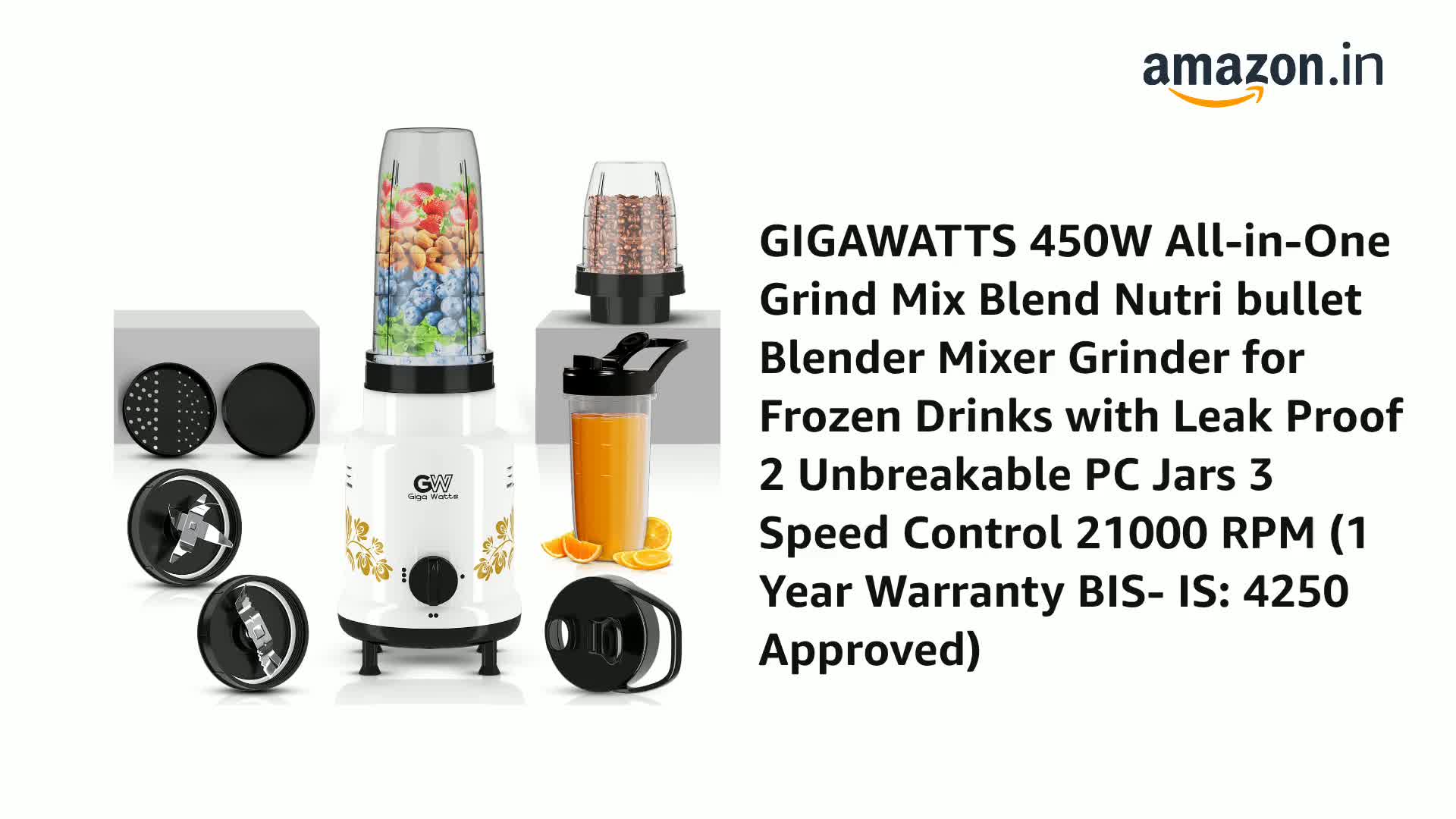Buy GIGAWATTS 450W All-in-One Grind Mix Blend Nutri bullet Blender Mixer  Grinder for Frozen Drinks with Leak Proof 2 Unbreakable PC Jars 3 Speed  Control 21000 RPM (1 Year Warranty BIS- IS:
