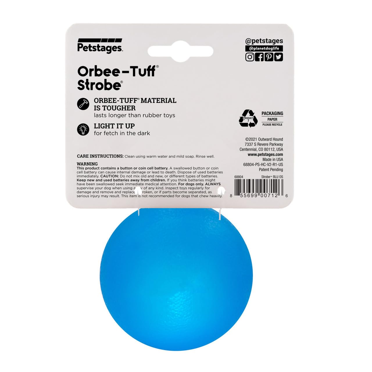 Petstages Orbee-Strobe Ball Treat Dispensing Dog Chew Toy | Durable, Bouncy, BPA & Phthalate-Free TPE Material | Interactive Light-Up Ball for Fetch, Training & Chewing – Blue (3 Inch) 2