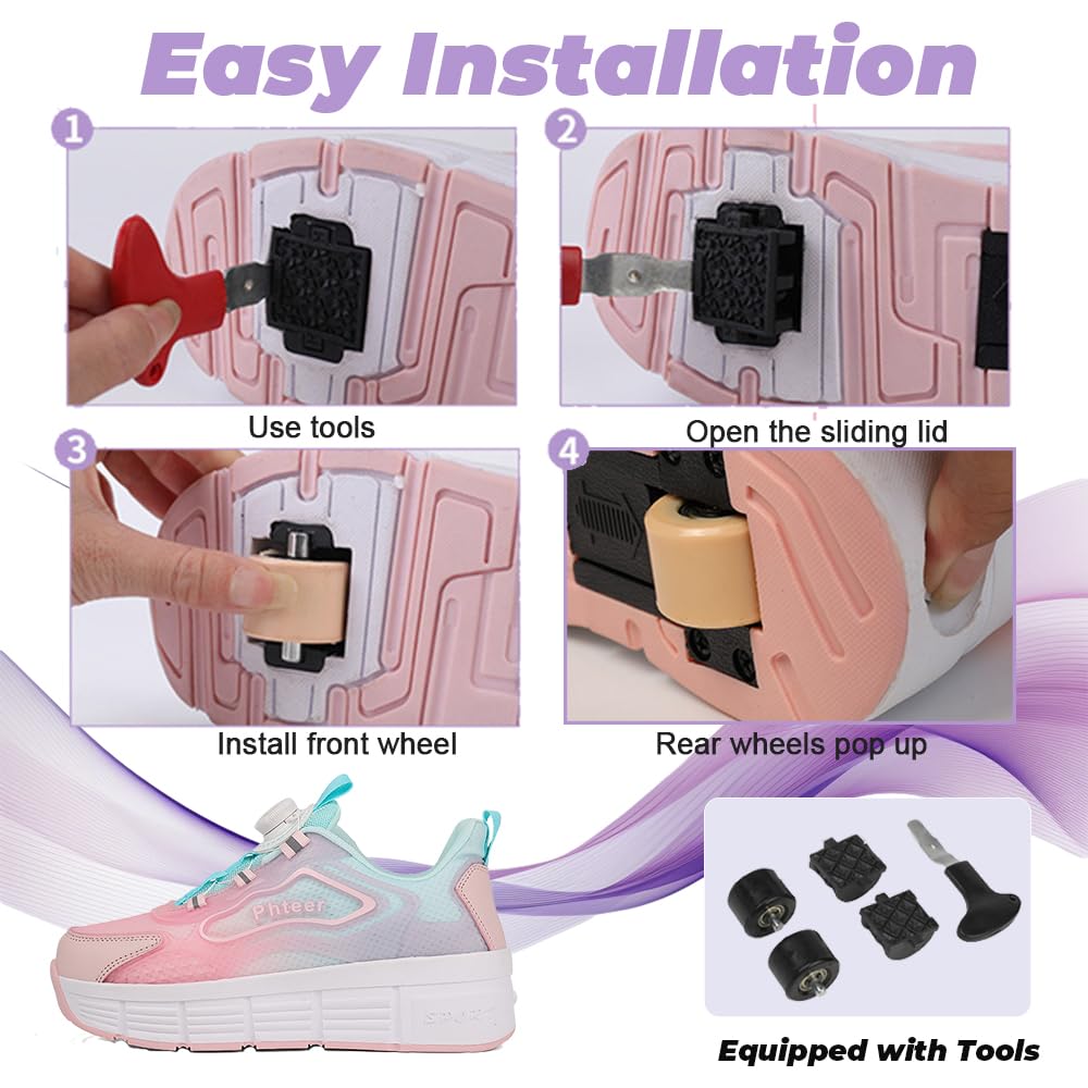 Mateju Chaussures à roulettes Rétractable pour Enfants Garçons Filles, 2 en 1 Patins Deux roulettes Chaussures de Skateboard Respirante Adolescents Mode Chaussures de Sport
