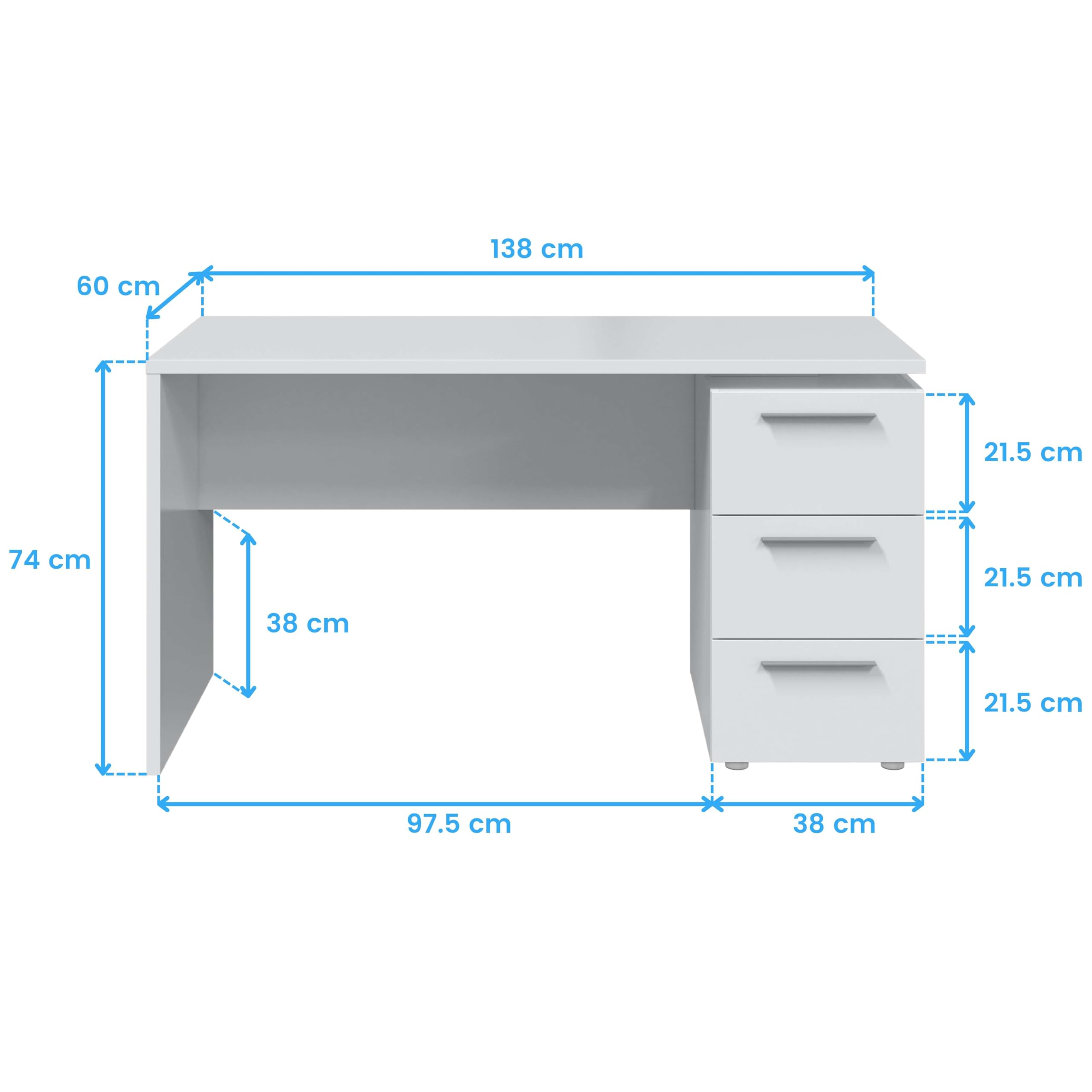Habitdesign Mesa de Despacho 3 Cajones, Mesa Escritorio, Modelo Stylus, Acabado en Color Blanco Artik, Medidas: 138 (Ancho) x 60 cm (Fondo) x 74 (Alto)