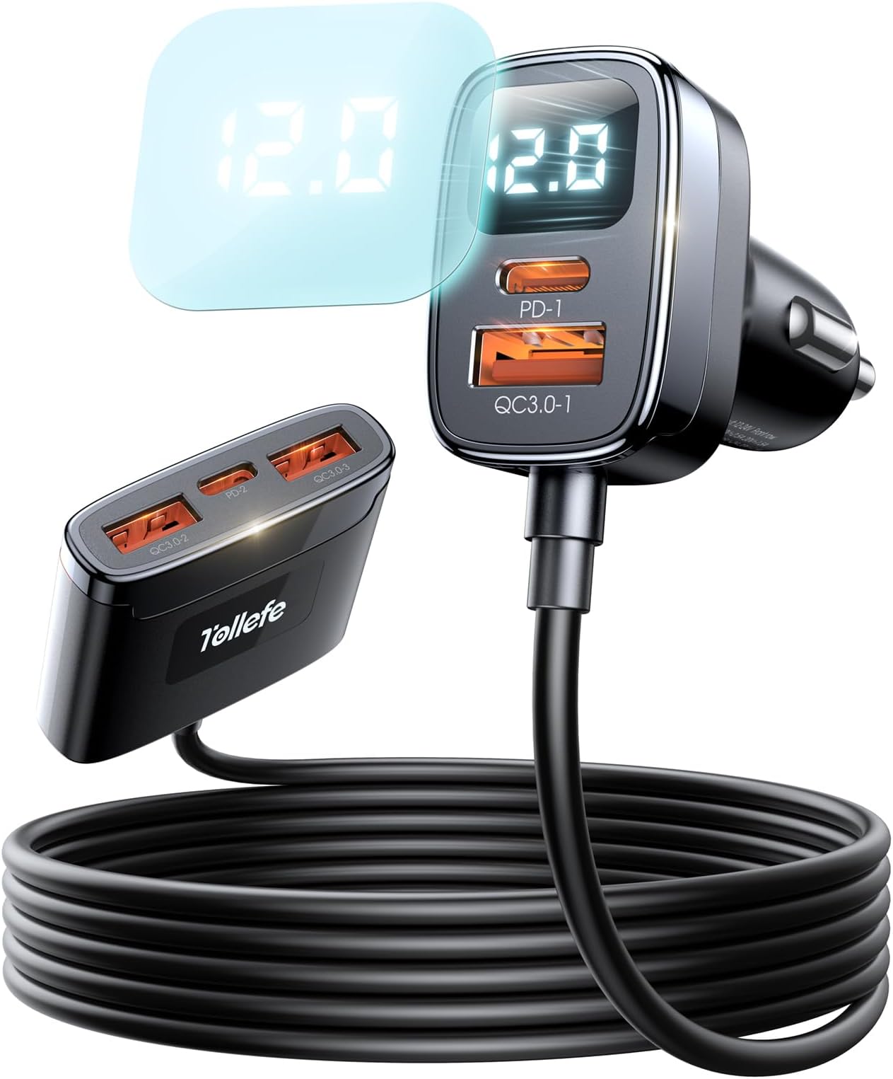 78W USB C Car Charger Multi Port, LED Voltage Display Cigarette Lighter Adapter with 5FT Cable, 5 Port Fast Car Charging for iPhone 16 15 Pro Max/iPad/Samsung S24