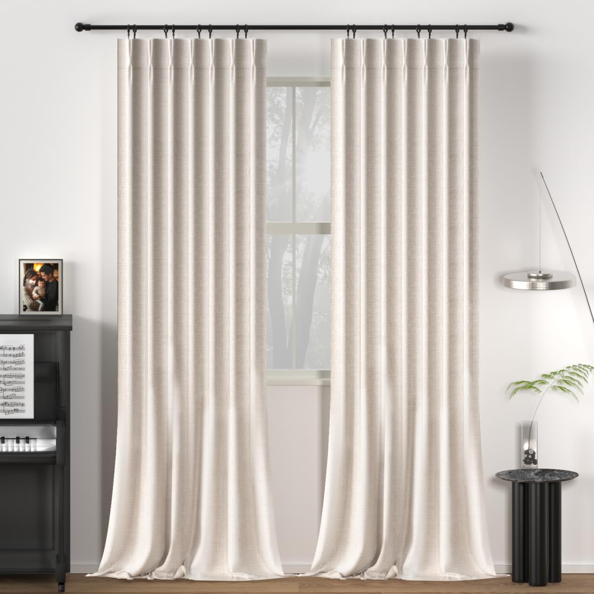 96 Inch Natural Linen Textured Pinch Pleated Blackout Curtains - 100% Light Blocking, Thermal Insulated Farmhouse Drapes, 2 Panels with Hook & Ring for Bedroom/Living Room