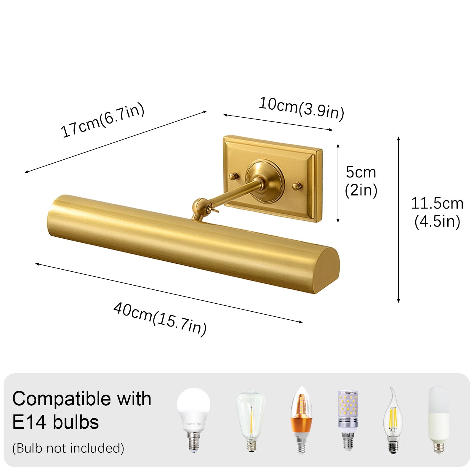 Intage Lámpara de pared de latón for cuadros, lámpara de arte ajustable de 15,7 pulgadas con casquillo E14