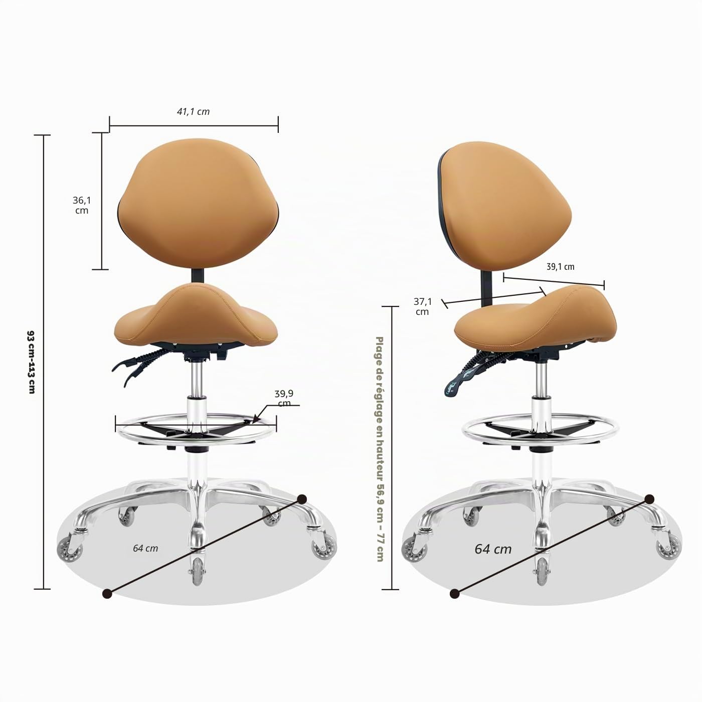 Tabouret de selle hydraulique pivotant réglable 158,8 kg pour salon spa beauté massage clinique dentaire