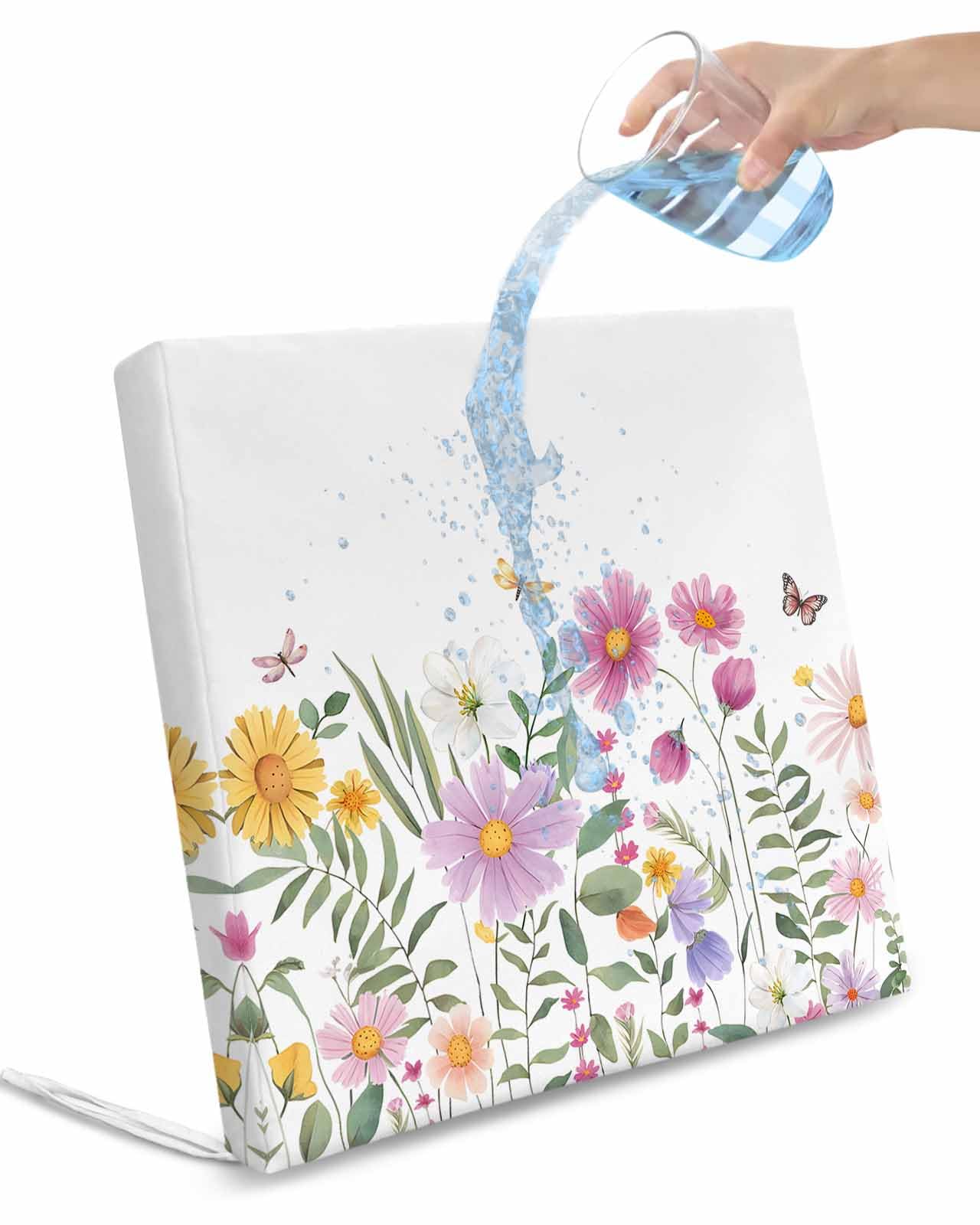 2 Pack Botanical Floral Waterproof Cushion Covers with Ties, Outdoor Patio Chaise Lounge Chair Seat Cushion Slip Covers Replacement(Only Cover) Spring Colorful Flowers Butterfly 22