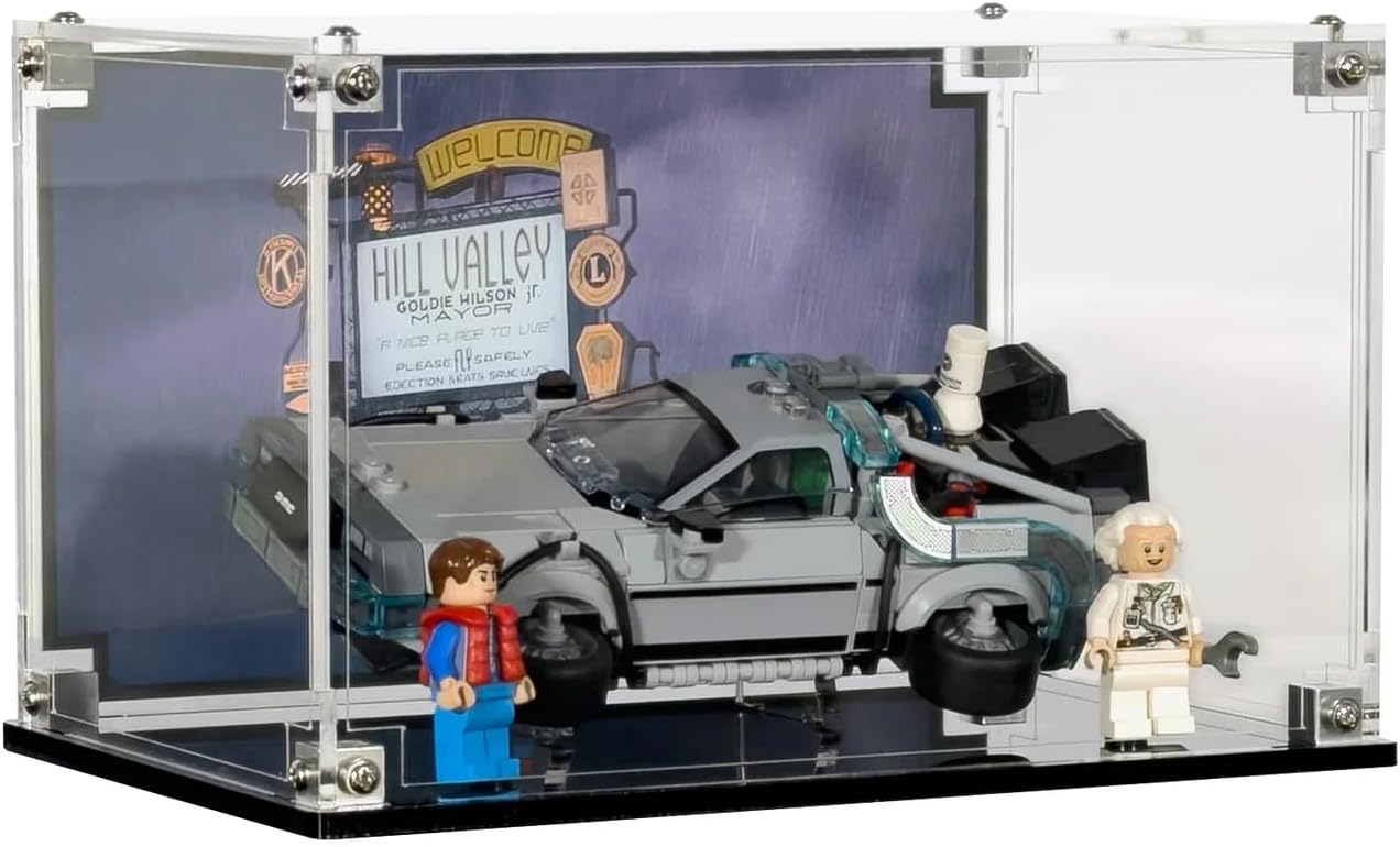 Display Case Compatible with LEGO Speed Champions 77256 - Delorean Time Machine – UV-Printed Background (Signs), Dustproof Acrylic Showcase, Set Not Included