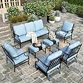HERA'S HOUSE 7 Piece Patio Furniture Set, 2 x Rocking Chair, 2 x Fixed Chair, 2 x Ottoman, 1 x 3-Seat Sofa, All Cushioned 9 Seats Outdoor Conversation Set for Lawn Garden Backyard, Blue