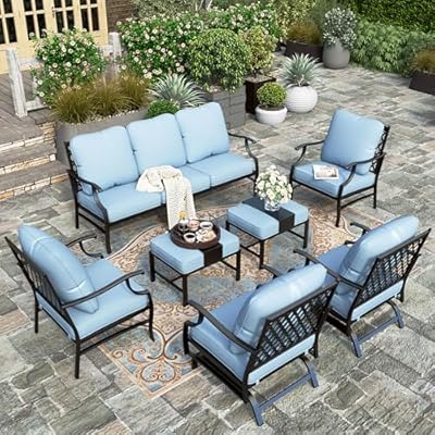 HERA'S HOUSE 7 Piece Patio Furniture Set, 2 x Rocking Chair, 2 x Fixed Chair, 2 x Ottoman, 1 x 3-Seat Sofa, All Cushioned 9 Seats Outdoor Conversation Set for Lawn Garden Backyard, Blue