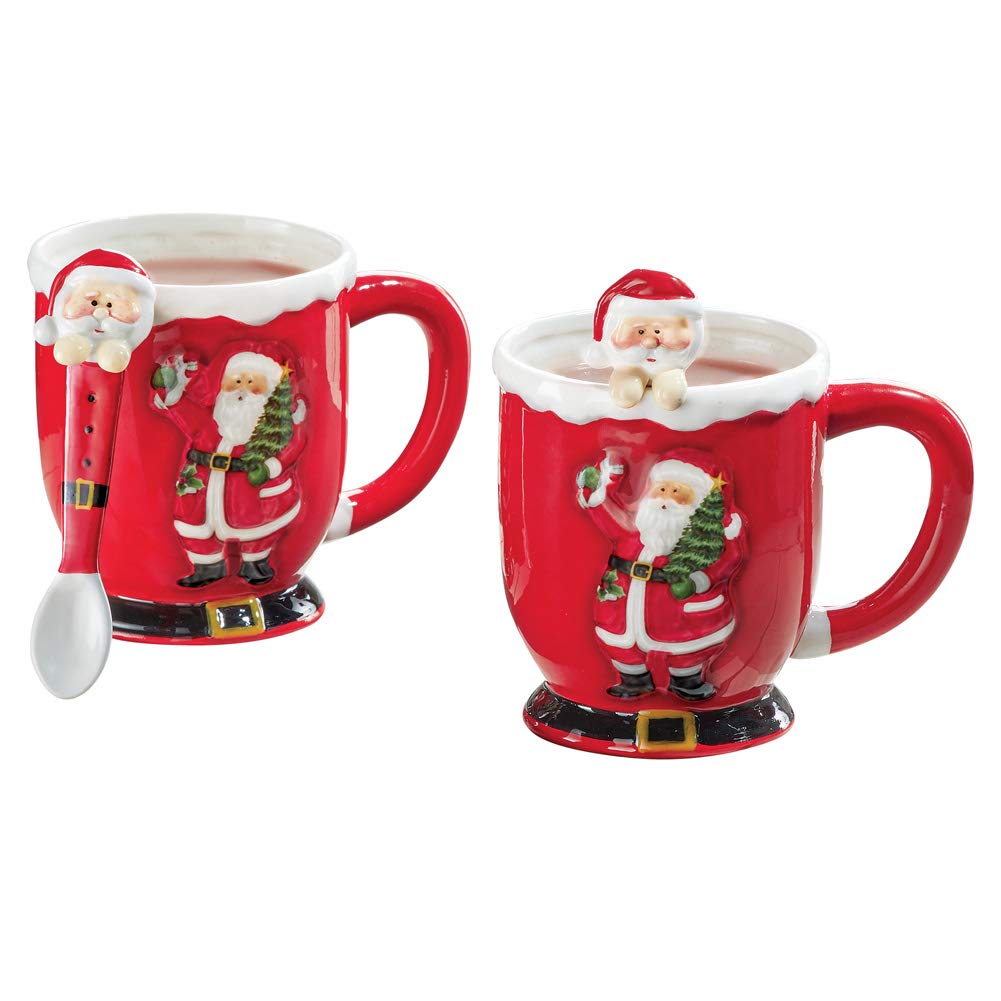Collections Etc Red Santa Mugs with Spoons - Set of 2 Red